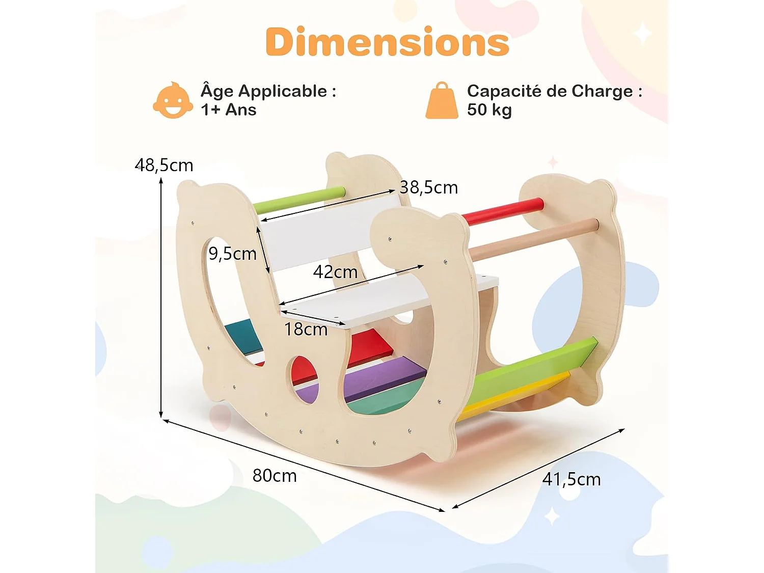 2 en 1 Chaise à Bascule Enfants avec Siège et Dossier Lisses, Arche d'escalade Montessori en Bois avec Poignée & Coins Arrondis, Charge 50kg pour Enfants de 1 an+