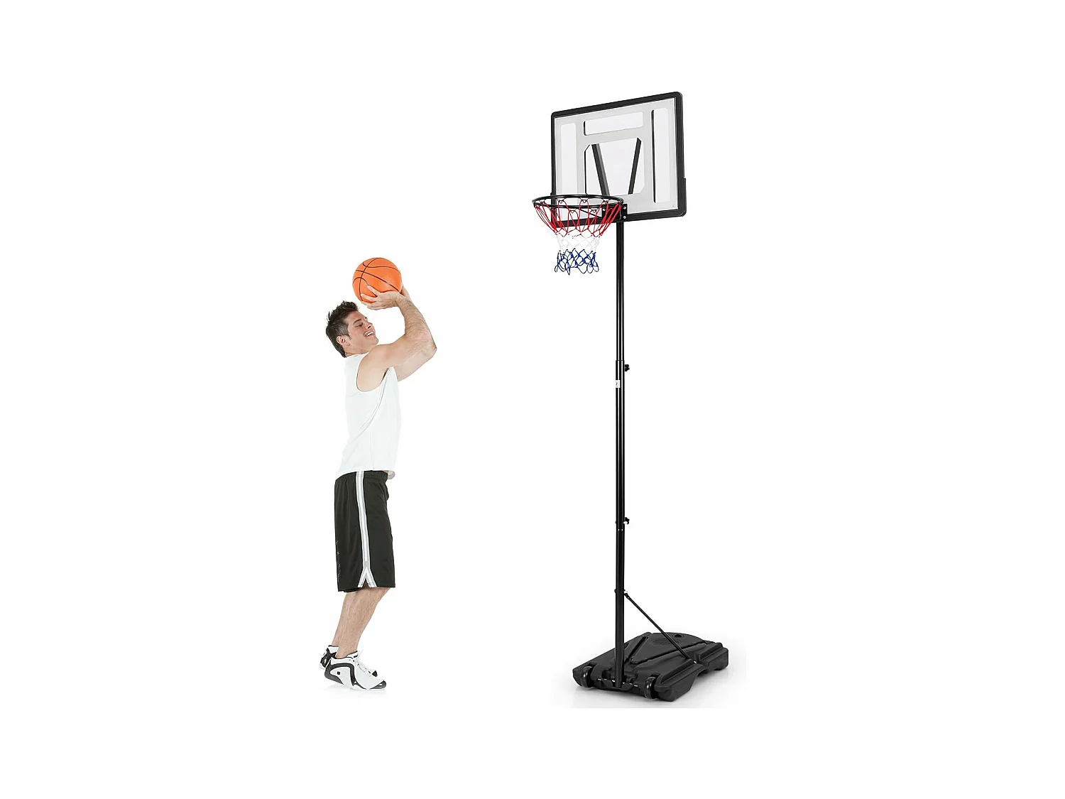 Panier de Basket-Ball sur Pied avec Hauteur Réglable à 8 Niveaux 172-305 CM, Ensemble de Basketball avec Tube Central Amovible Base de 32 L