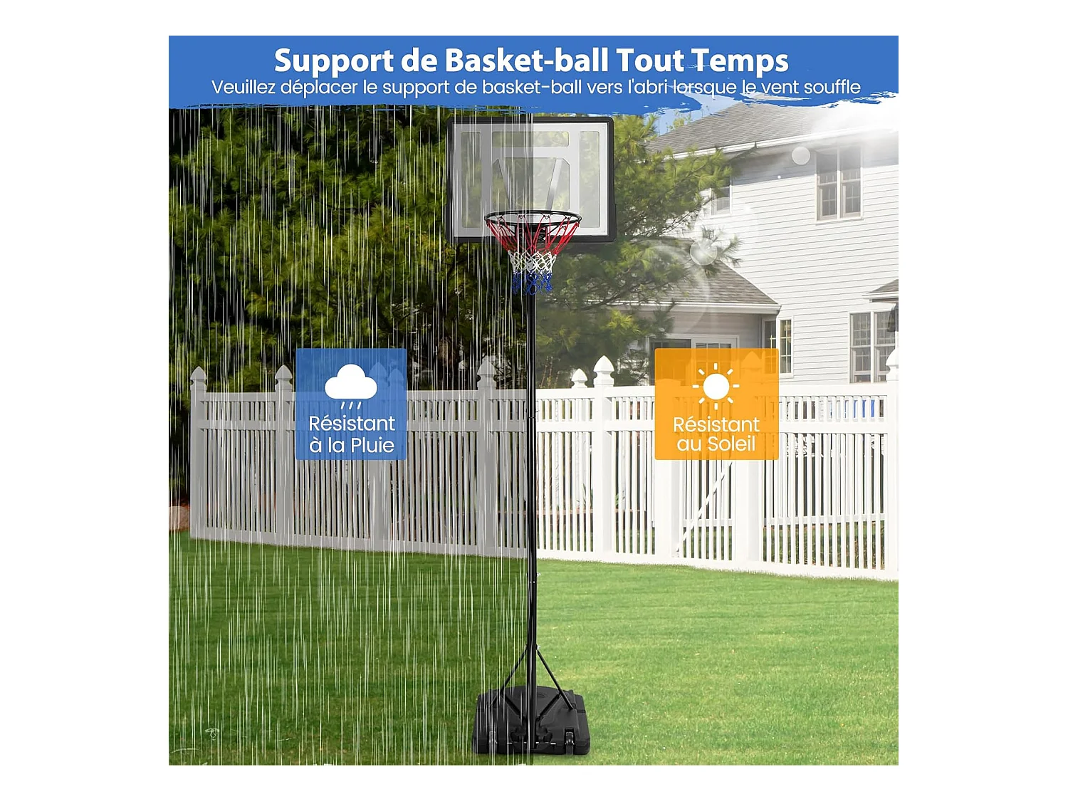 Panier de Basket-Ball sur Pied avec Hauteur Réglable à 8 Niveaux 172-305 CM, Ensemble de Basketball avec Tube Central Amovible Base de 32 L