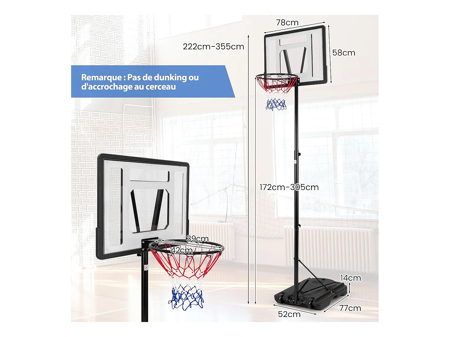Panier de Basket-Ball sur Pied avec Hauteur Réglable à 8 Niveaux 172-305 CM, Ensemble de Basketball avec Tube Central Amovible Base de 32 L
