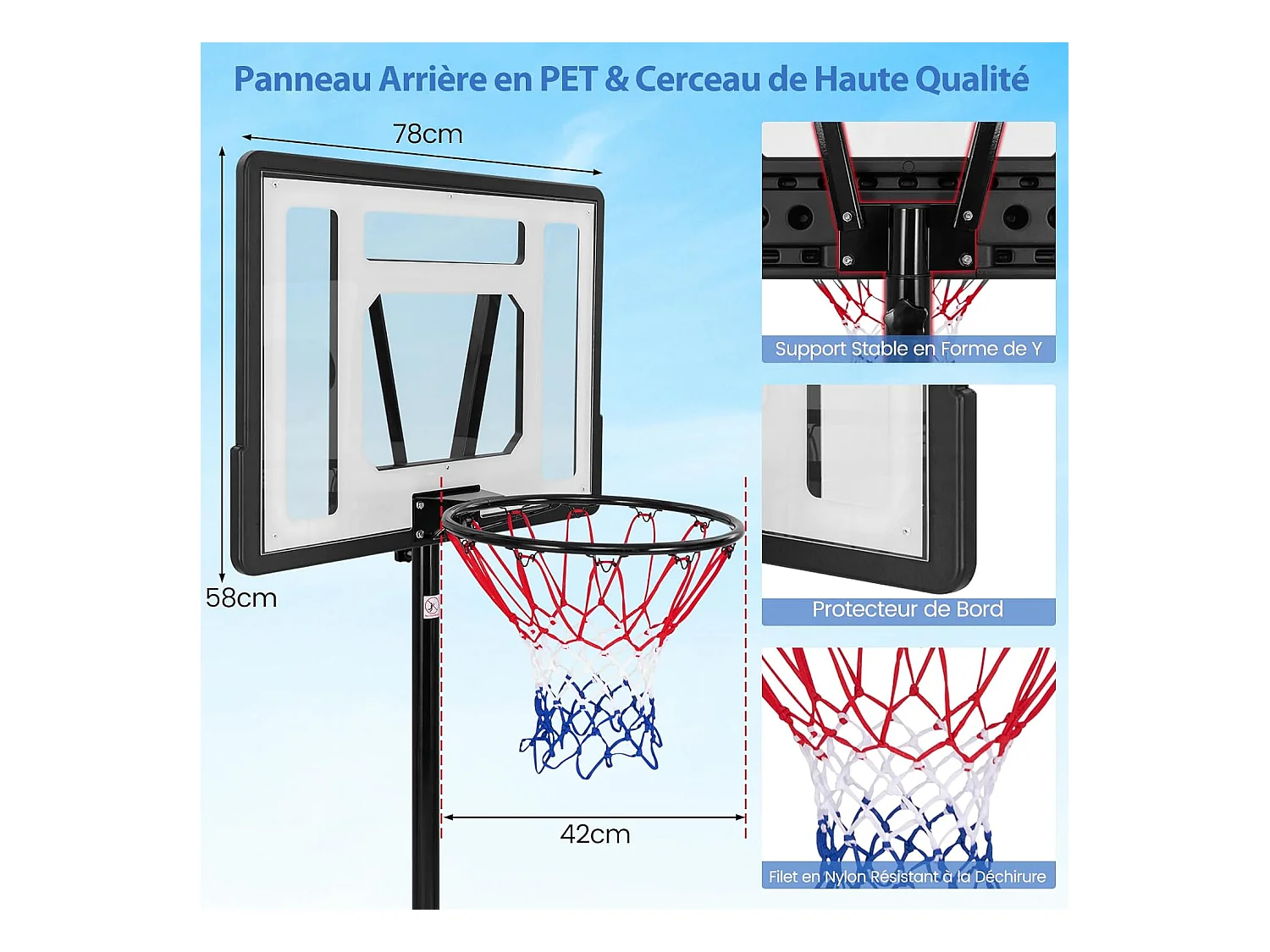 Panier de Basket-Ball sur Pied avec Hauteur Réglable à 8 Niveaux 172-305 CM, Ensemble de Basketball avec Tube Central Amovible Base de 32 L