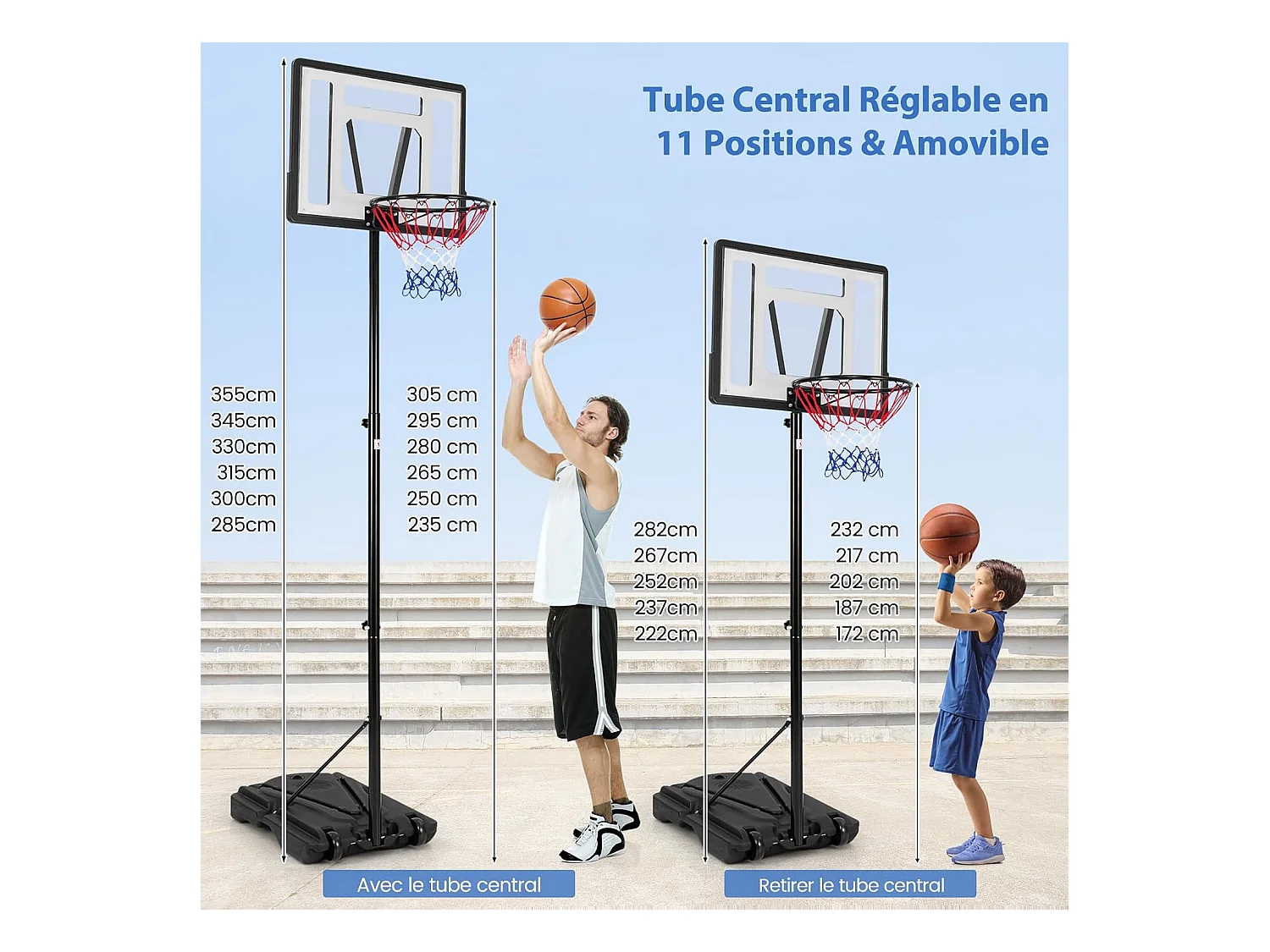 Panier de Basket-Ball sur Pied avec Hauteur Réglable à 8 Niveaux 172-305 CM, Ensemble de Basketball avec Tube Central Amovible Base de 32 L