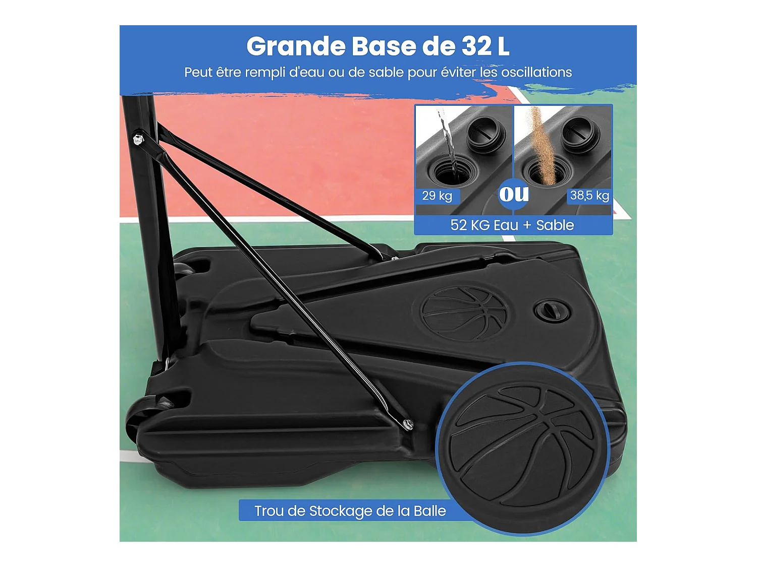 Panier de Basket-Ball sur Pied avec Hauteur Réglable à 8 Niveaux 172-305 CM, Ensemble de Basketball avec Tube Central Amovible Base de 32 L