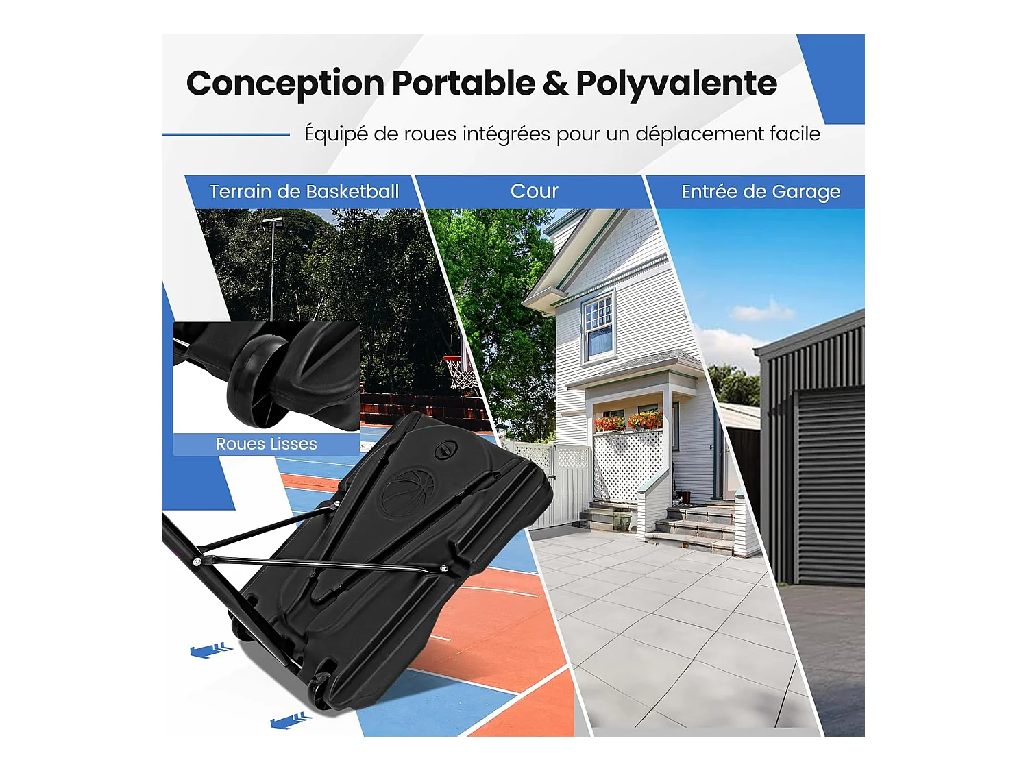 Panier de Basket-Ball sur Pied avec Hauteur Réglable à 8 Niveaux 172-305 CM, Ensemble de Basketball avec Tube Central Amovible Base de 32 L