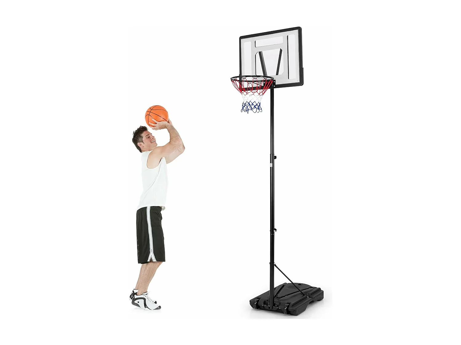 Panier de Basket-Ball sur Pied avec Hauteur Réglable à 8 Niveaux 172-305 CM, Ensemble de Basketball avec Tube Central Amovible Base de 32 L