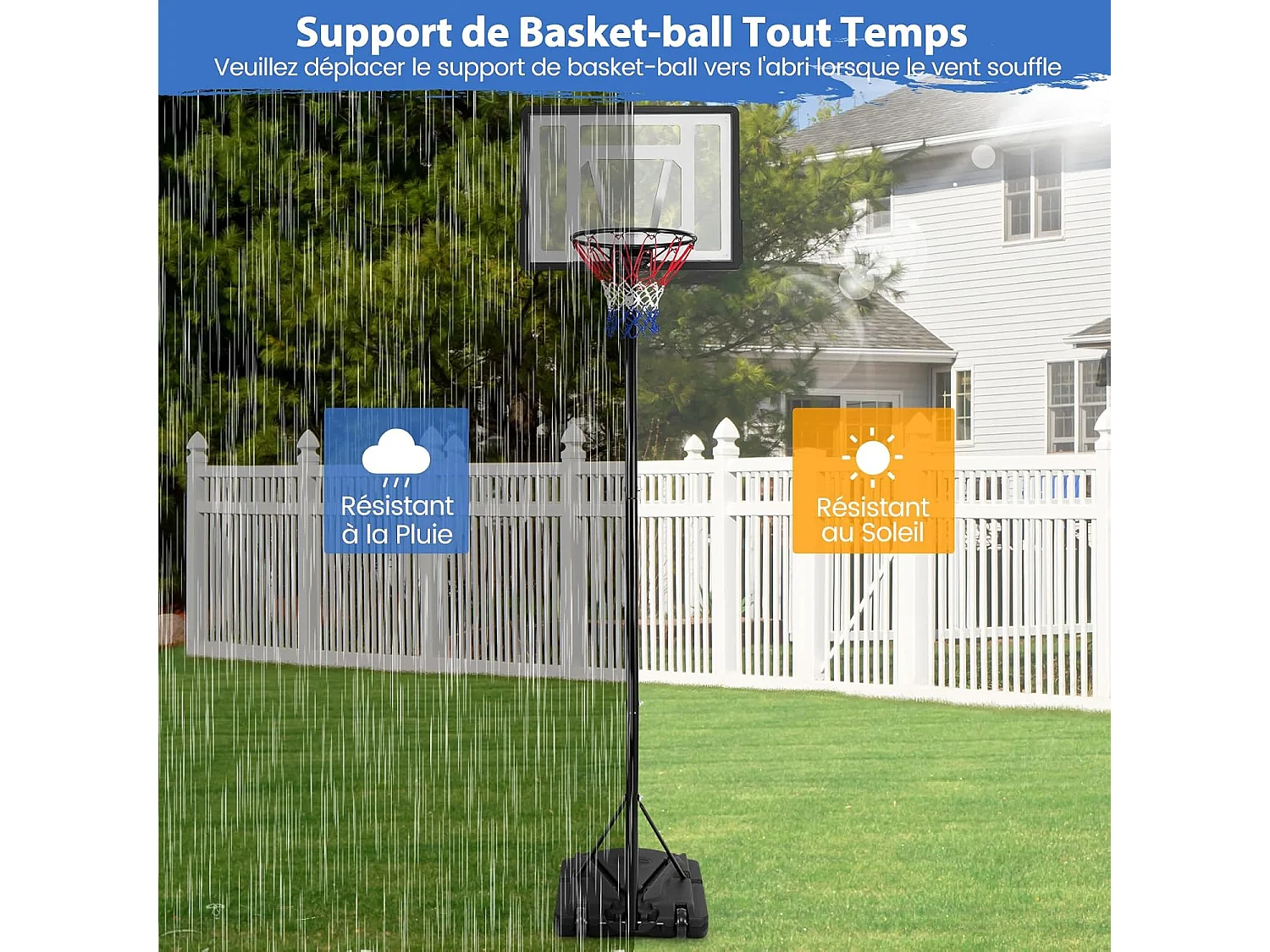 Panier de Basket-Ball sur Pied avec Hauteur Réglable à 8 Niveaux 172-305 CM, Ensemble de Basketball avec Tube Central Amovible Base de 32 L