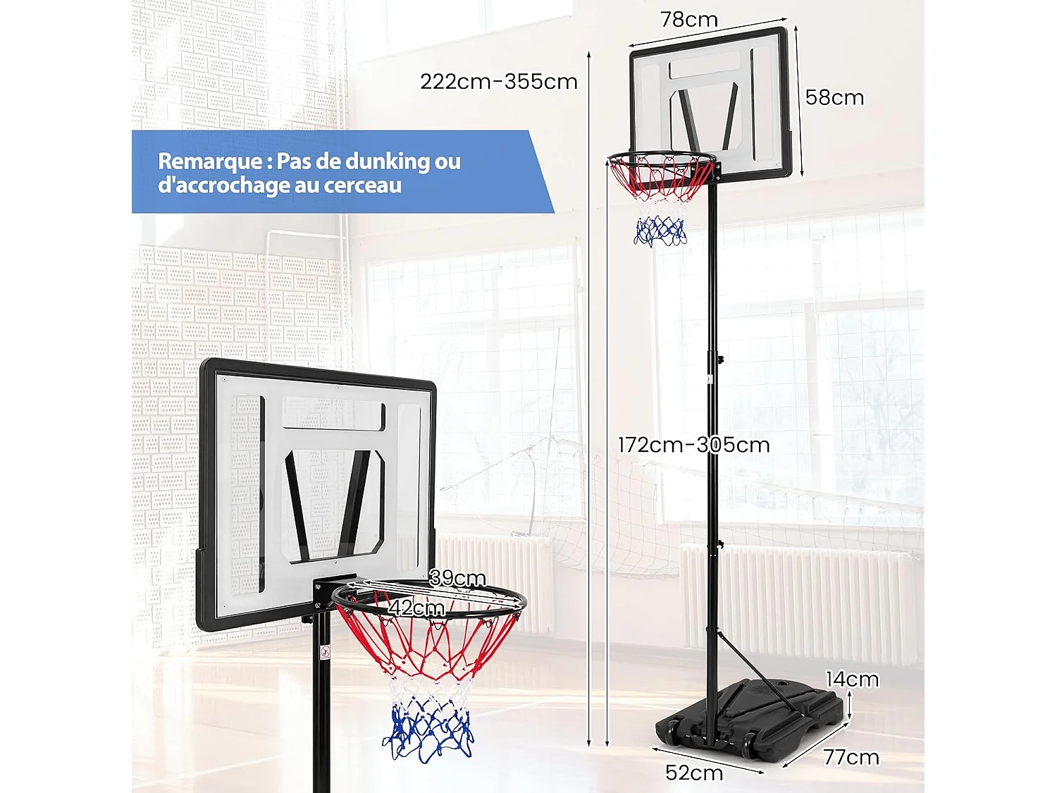 Panier de Basket-Ball sur Pied avec Hauteur Réglable à 8 Niveaux 172-305 CM, Ensemble de Basketball avec Tube Central Amovible Base de 32 L