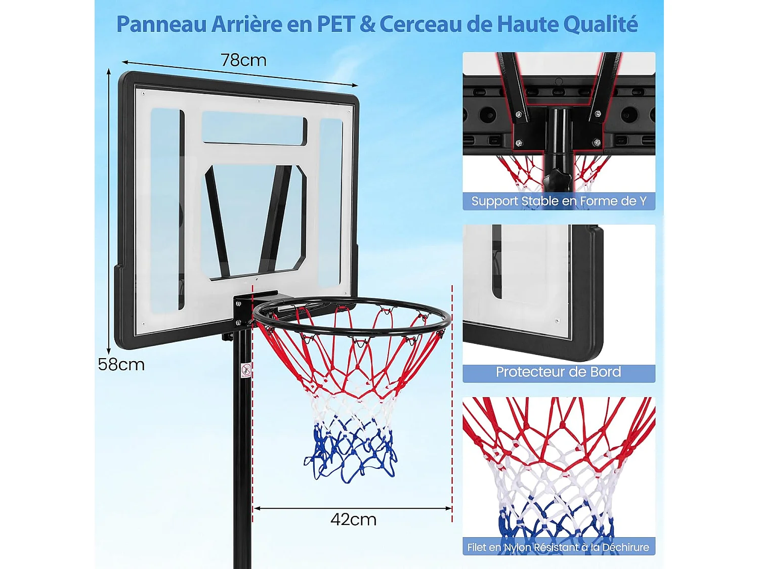Panier de Basket-Ball sur Pied avec Hauteur Réglable à 8 Niveaux 172-305 CM, Ensemble de Basketball avec Tube Central Amovible Base de 32 L