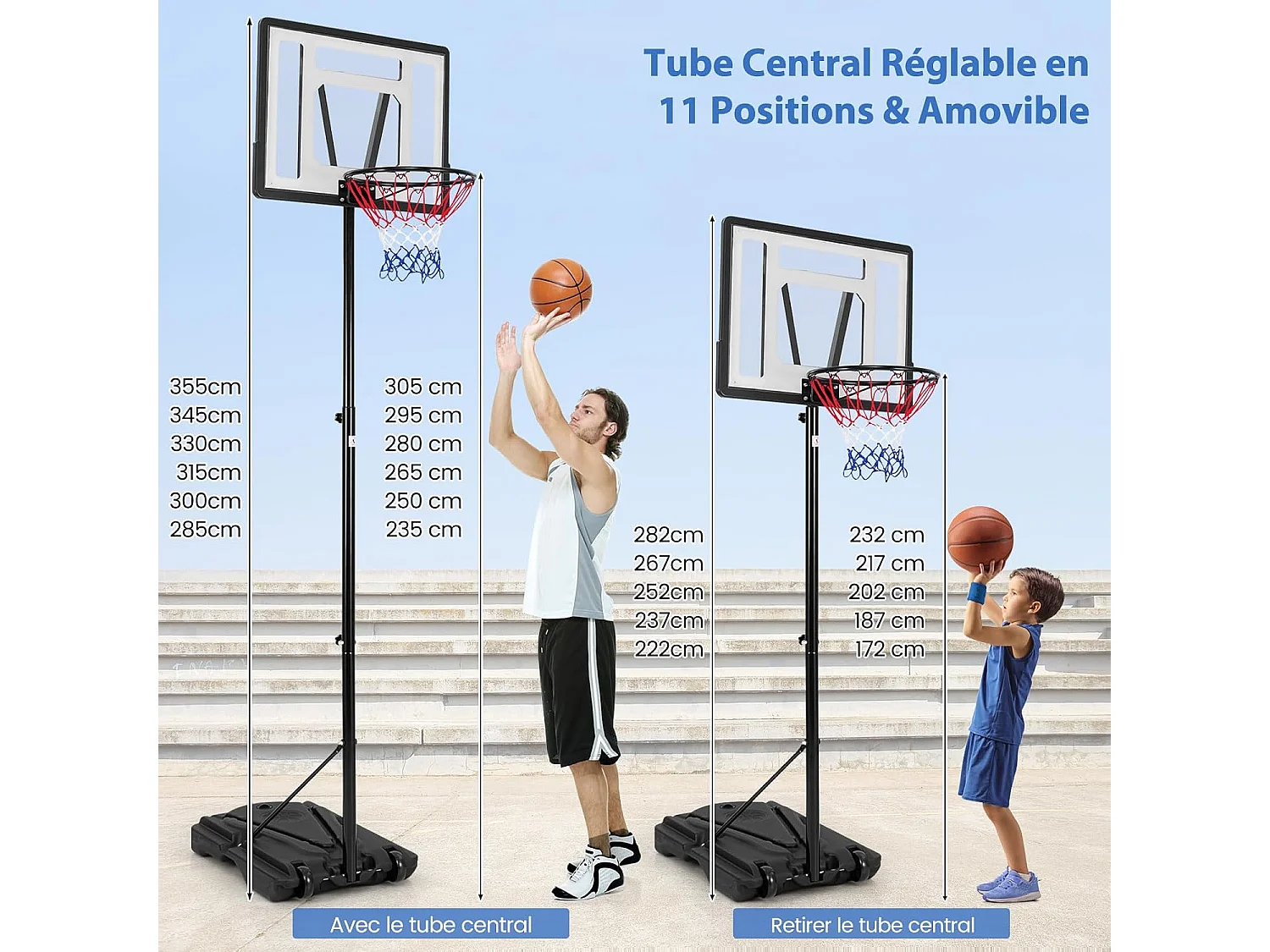 Panier de Basket-Ball sur Pied avec Hauteur Réglable à 8 Niveaux 172-305 CM, Ensemble de Basketball avec Tube Central Amovible Base de 32 L