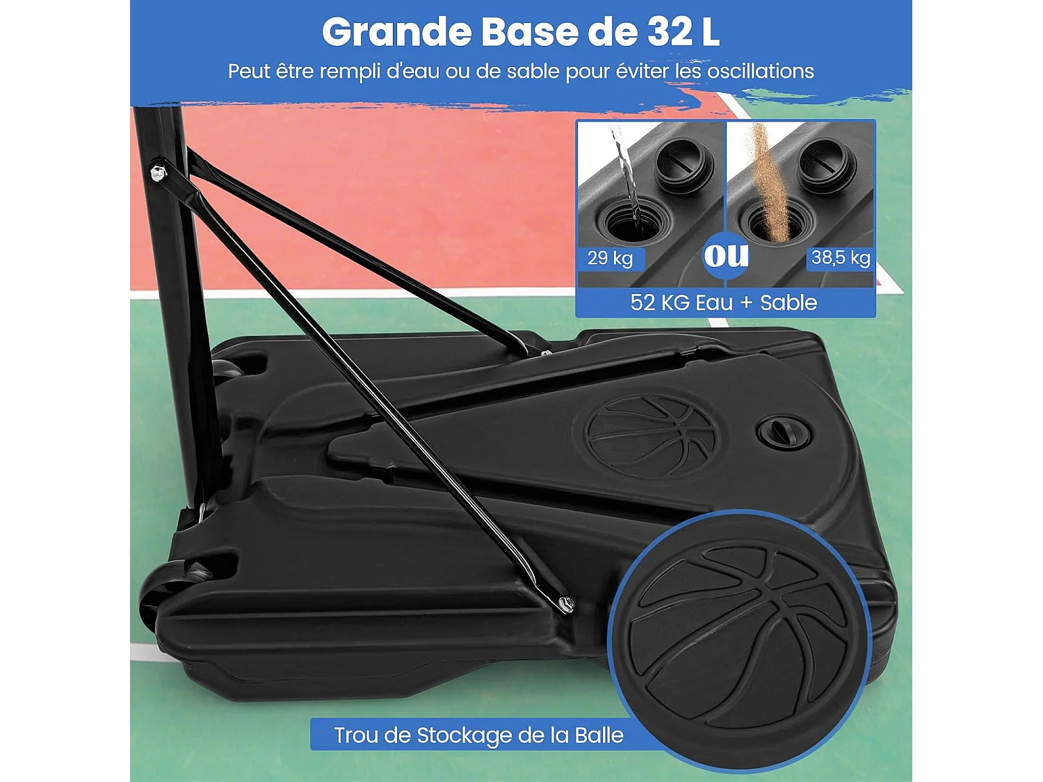 Panier de Basket-Ball sur Pied avec Hauteur Réglable à 8 Niveaux 172-305 CM, Ensemble de Basketball avec Tube Central Amovible Base de 32 L