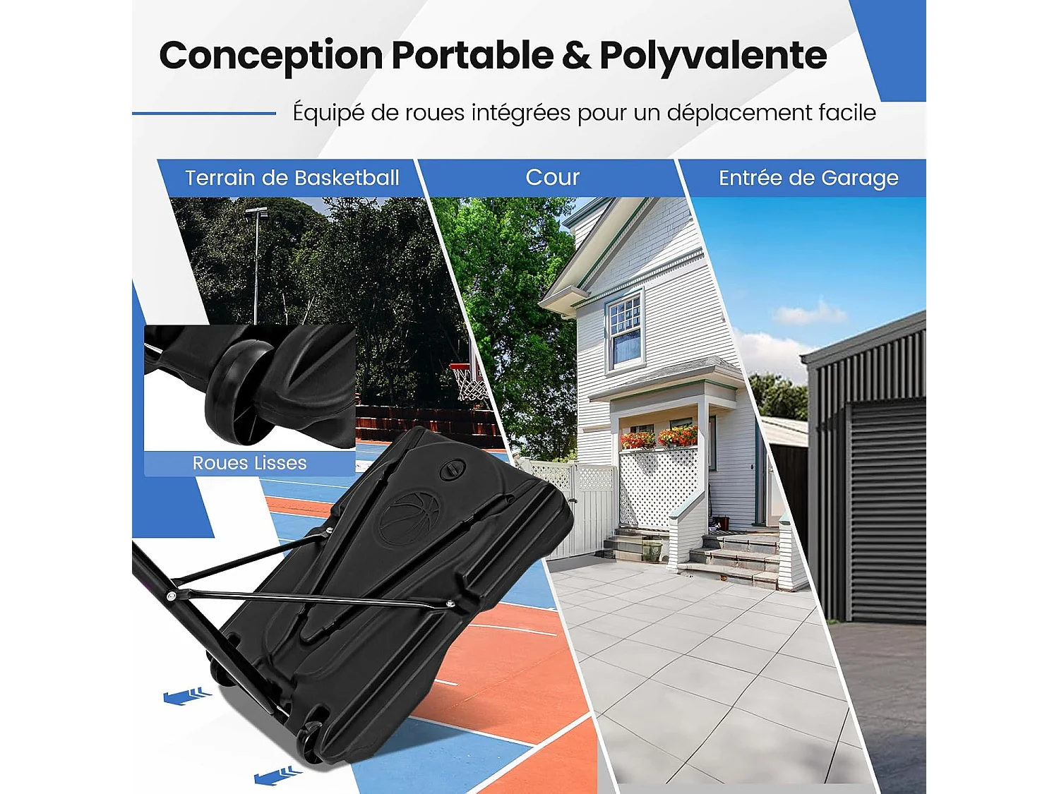 Panier de Basket-Ball sur Pied avec Hauteur Réglable à 8 Niveaux 172-305 CM, Ensemble de Basketball avec Tube Central Amovible Base de 32 L