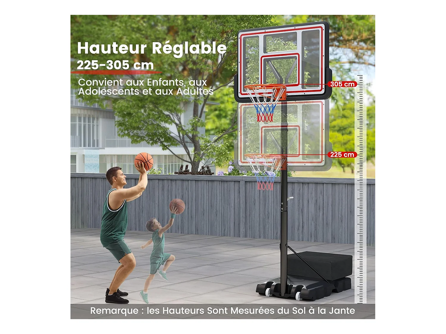 Panier de Basket-Ball Hauteur Réglable 225-305 cm, Support de Basketball Mobile avec Panneau Incassable de 112 cm, Panneau Filet de Remplacement et Roues