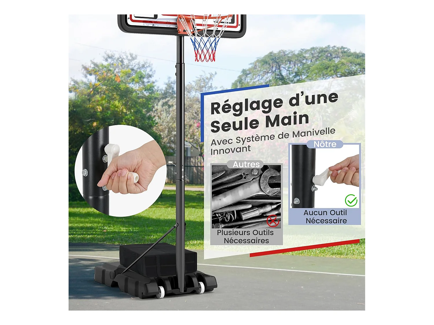 Panier de Basket-Ball Hauteur Réglable 225-305 cm, Support de Basketball Mobile avec Panneau Incassable de 112 cm, Panneau Filet de Remplacement et Roues