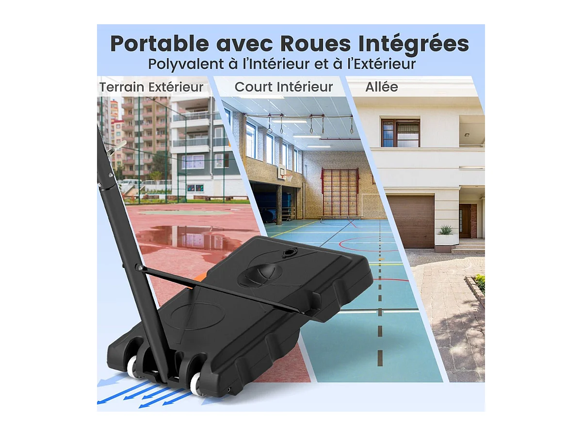 Panier de Basket-Ball Hauteur Réglable 225-305 cm, Support de Basketball Mobile avec Panneau Incassable de 112 cm, Panneau Filet de Remplacement et Roues