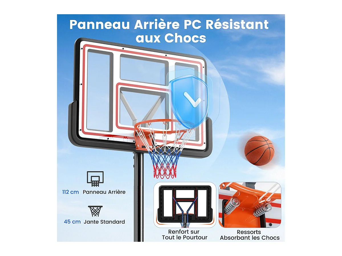 Panier de Basket-Ball Hauteur Réglable 225-305 cm, Support de Basketball Mobile avec Panneau Incassable de 112 cm, Panneau Filet de Remplacement et Roues