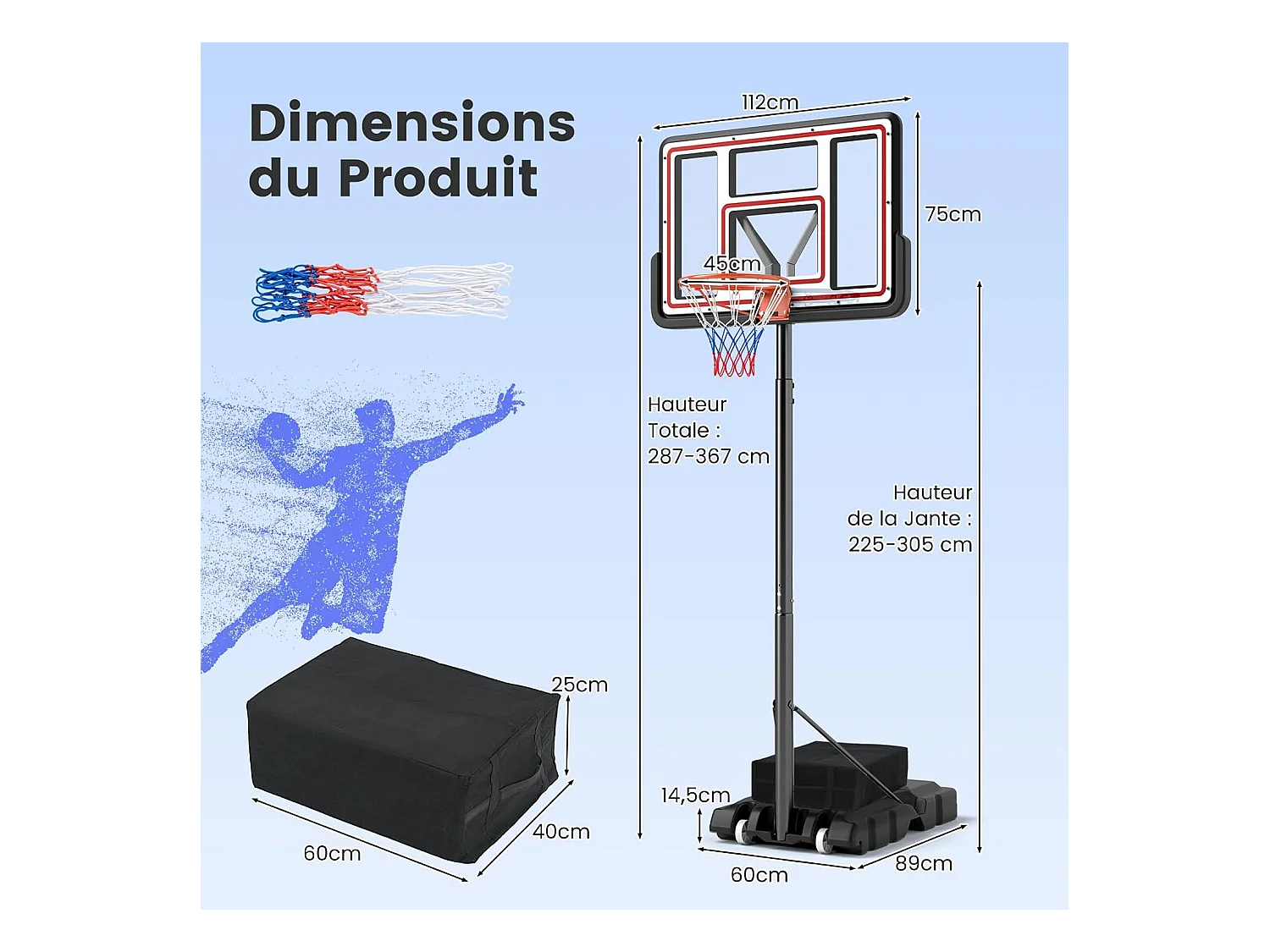 Panier de Basket-Ball Hauteur Réglable 225-305 cm, Support de Basketball Mobile avec Panneau Incassable de 112 cm, Panneau Filet de Remplacement et Roues