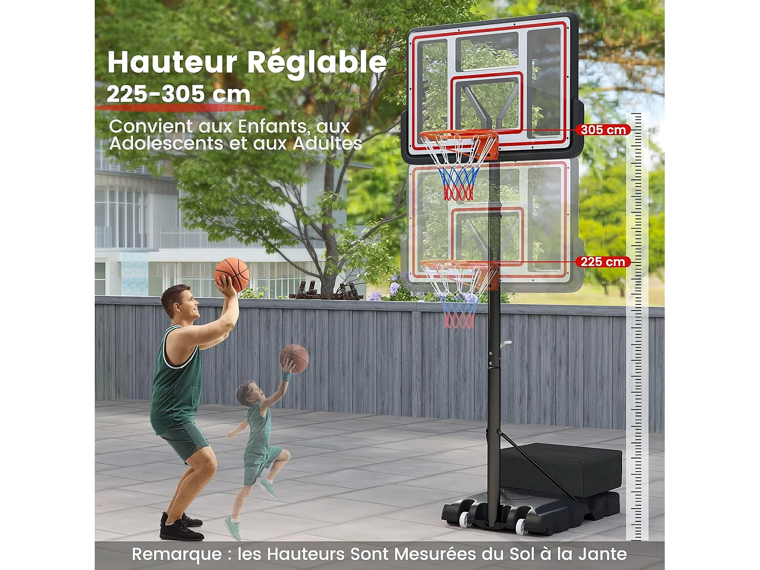 Panier de Basket-Ball Hauteur Réglable 225-305 cm, Support de Basketball Mobile avec Panneau Incassable de 112 cm, Panneau Filet de Remplacement et Roues