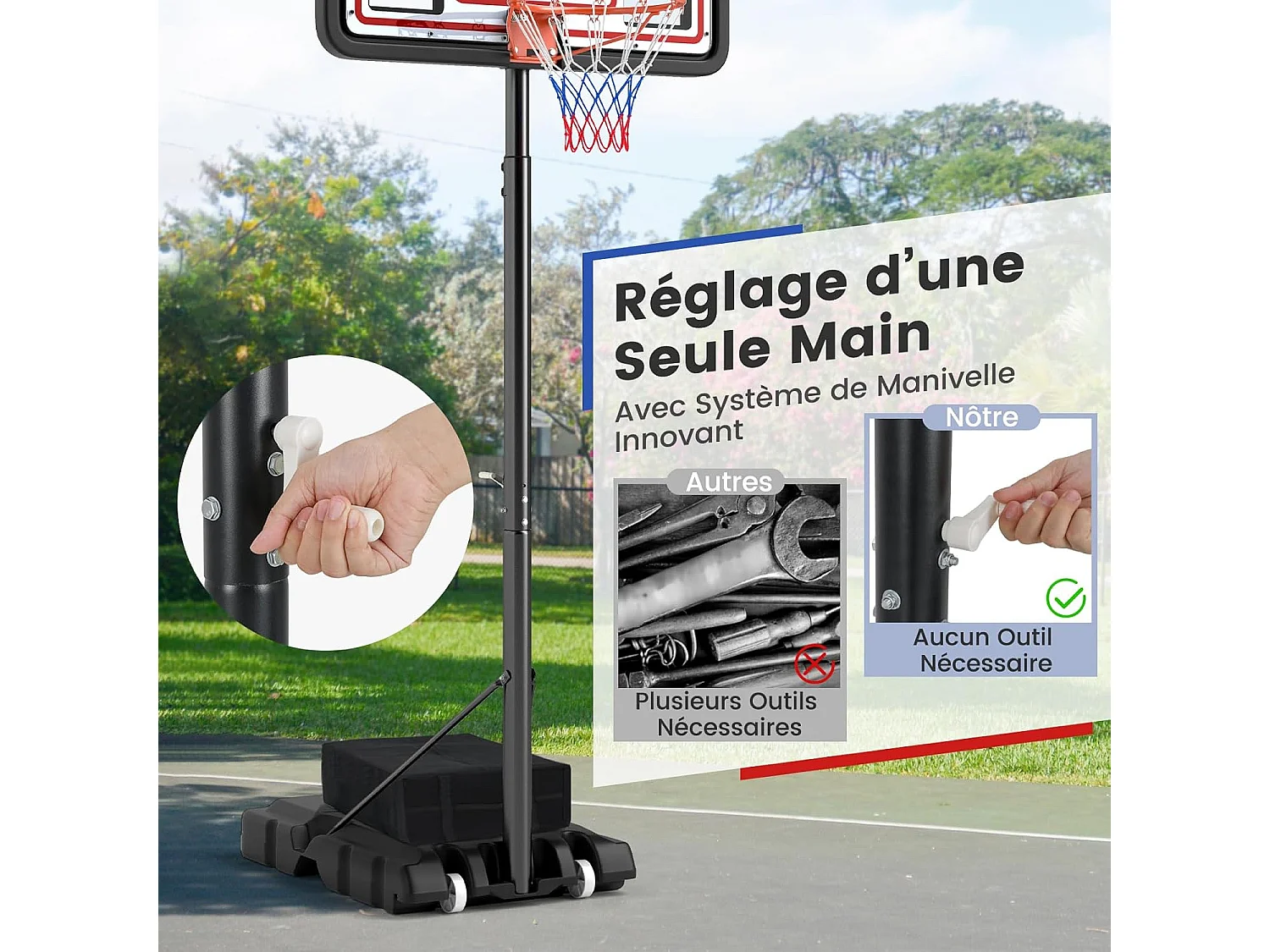 Panier de Basket-Ball Hauteur Réglable 225-305 cm, Support de Basketball Mobile avec Panneau Incassable de 112 cm, Panneau Filet de Remplacement et Roues