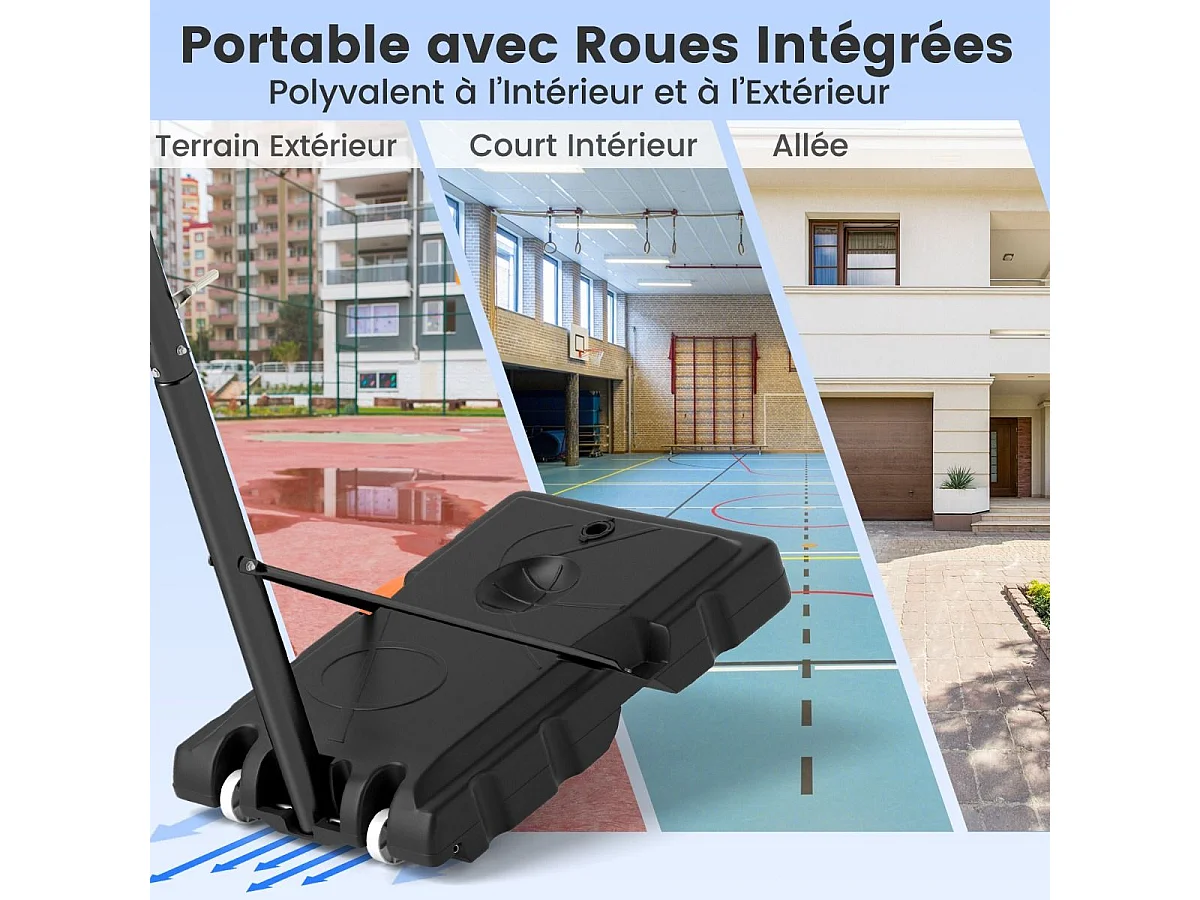 Panier de Basket-Ball Hauteur Réglable 225-305 cm, Support de Basketball Mobile avec Panneau Incassable de 112 cm, Panneau Filet de Remplacement et Roues