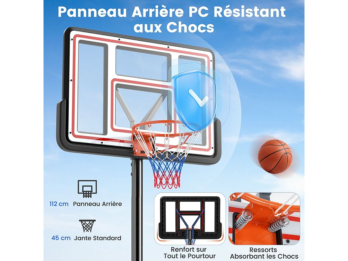 Panier de Basket-Ball Hauteur Réglable 225-305 cm, Support de Basketball Mobile avec Panneau Incassable de 112 cm, Panneau Filet de Remplacement et Roues