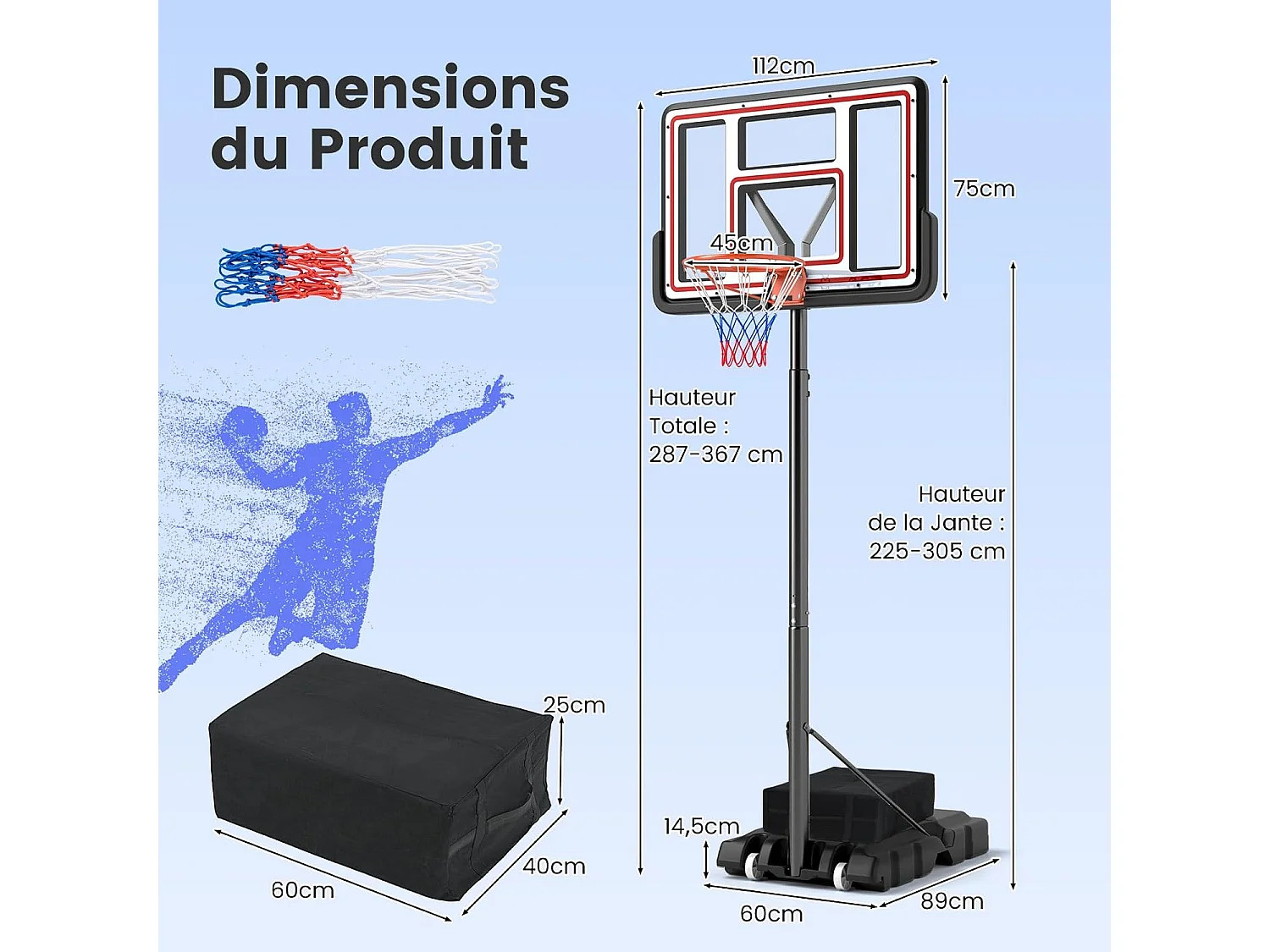 Panier de Basket-Ball Hauteur Réglable 225-305 cm, Support de Basketball Mobile avec Panneau Incassable de 112 cm, Panneau Filet de Remplacement et Roues