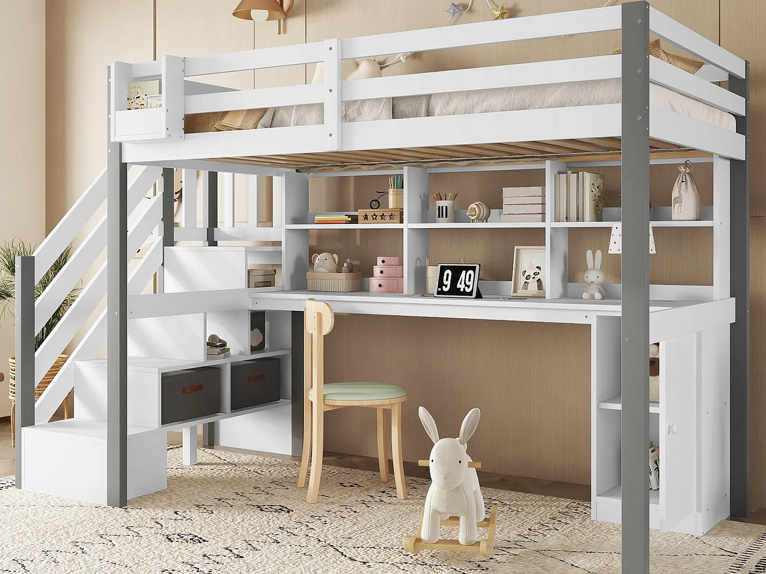 Łóżko antresolowe 90x200 cm - z biurkiem i półkami - bezpieczna drabinka 4-stopniowa - Drewno lite+MDF - Biały + Szary (bez materaca)