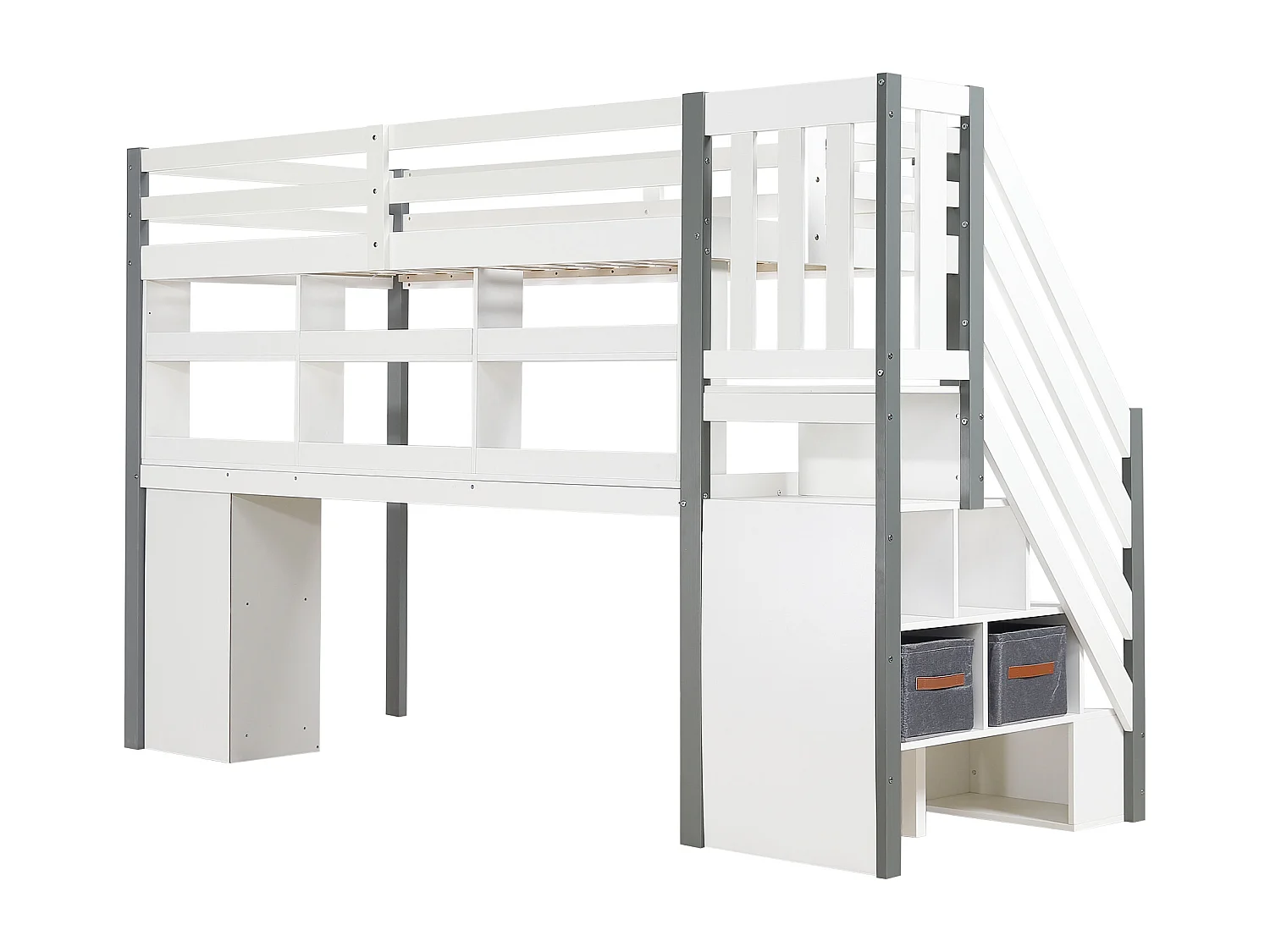 Łóżko antresolowe 90x200 cm - z biurkiem i półkami - bezpieczna drabinka 4-stopniowa - Drewno lite+MDF - Biały + Szary (bez materaca)