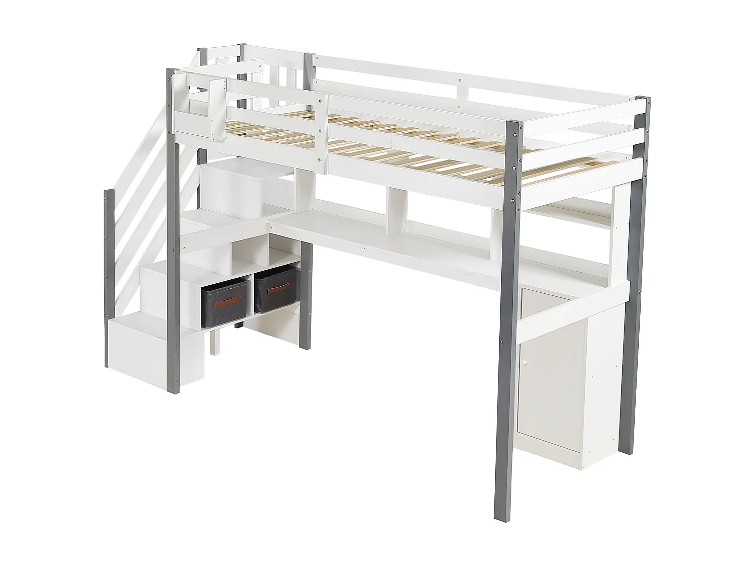 Łóżko antresolowe 90x200 cm - z biurkiem i półkami - bezpieczna drabinka 4-stopniowa - Drewno lite+MDF - Biały + Szary (bez materaca)