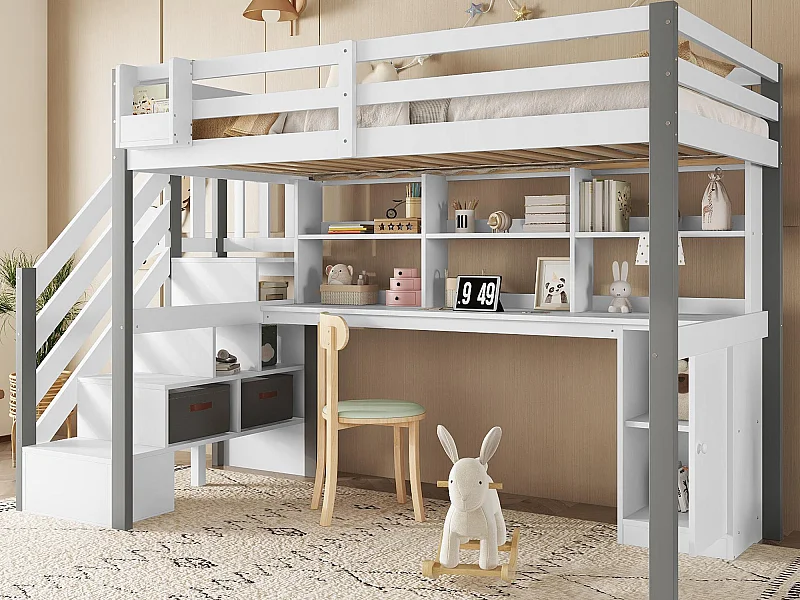 Łóżko antresolowe 90x200 cm - z biurkiem i półkami - bezpieczna drabinka 4-stopniowa - Drewno lite+MDF - Biały + Szary (bez materaca)