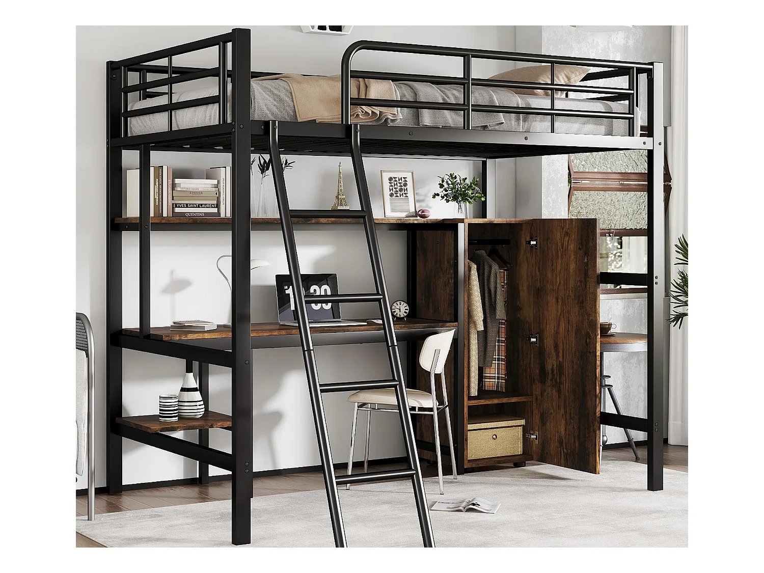 Lit mezzanine 90x200 cm - avec bureau et étagères - avec garde-robe - échelle de sécurité 4 marches - Métal+MDF - Noir + Naturel(sans matelas)