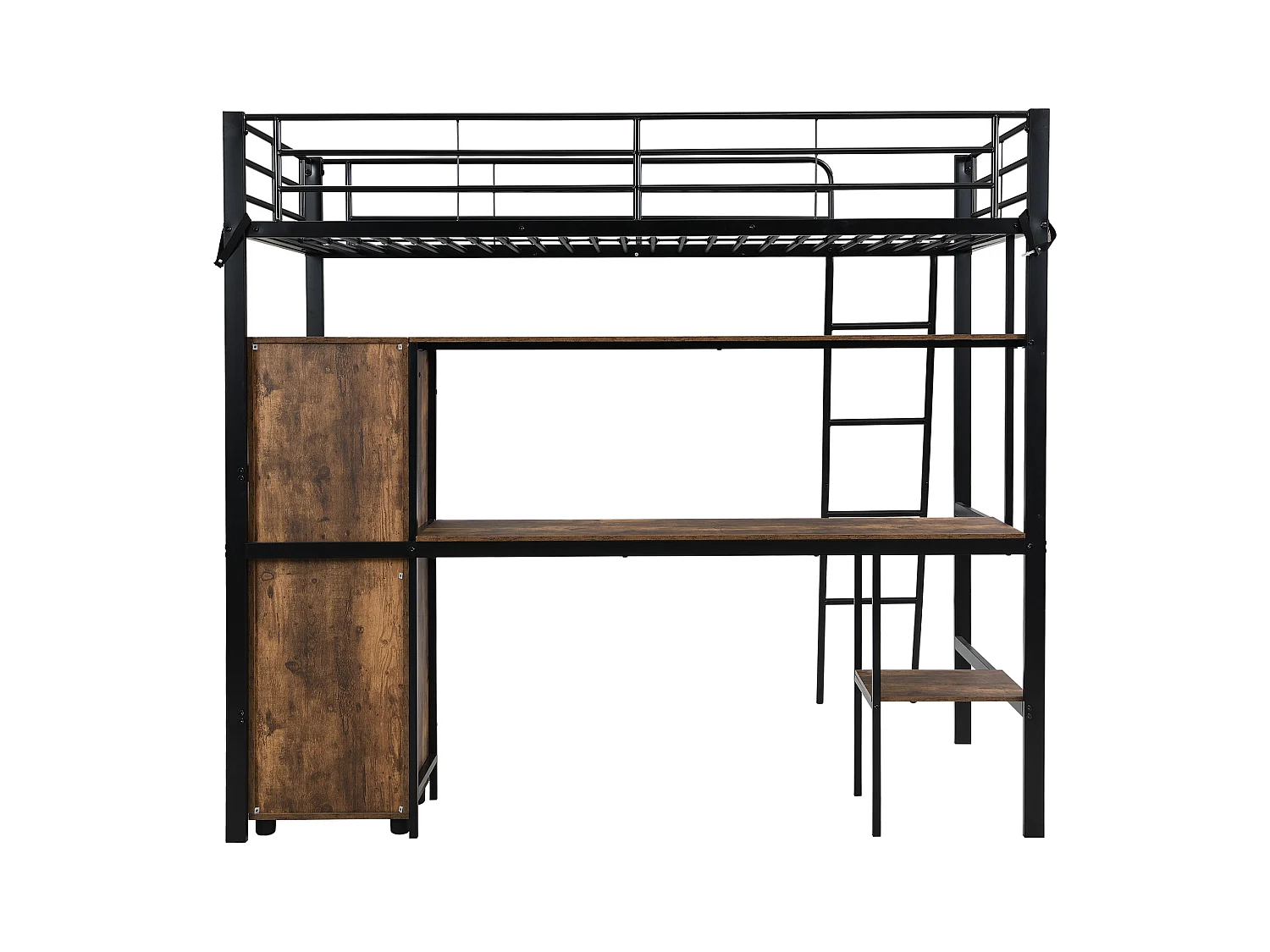 Lit mezzanine 90x200 cm - avec bureau et étagères - avec garde-robe - échelle de sécurité 4 marches - Métal+MDF - Noir + Naturel(sans matelas)