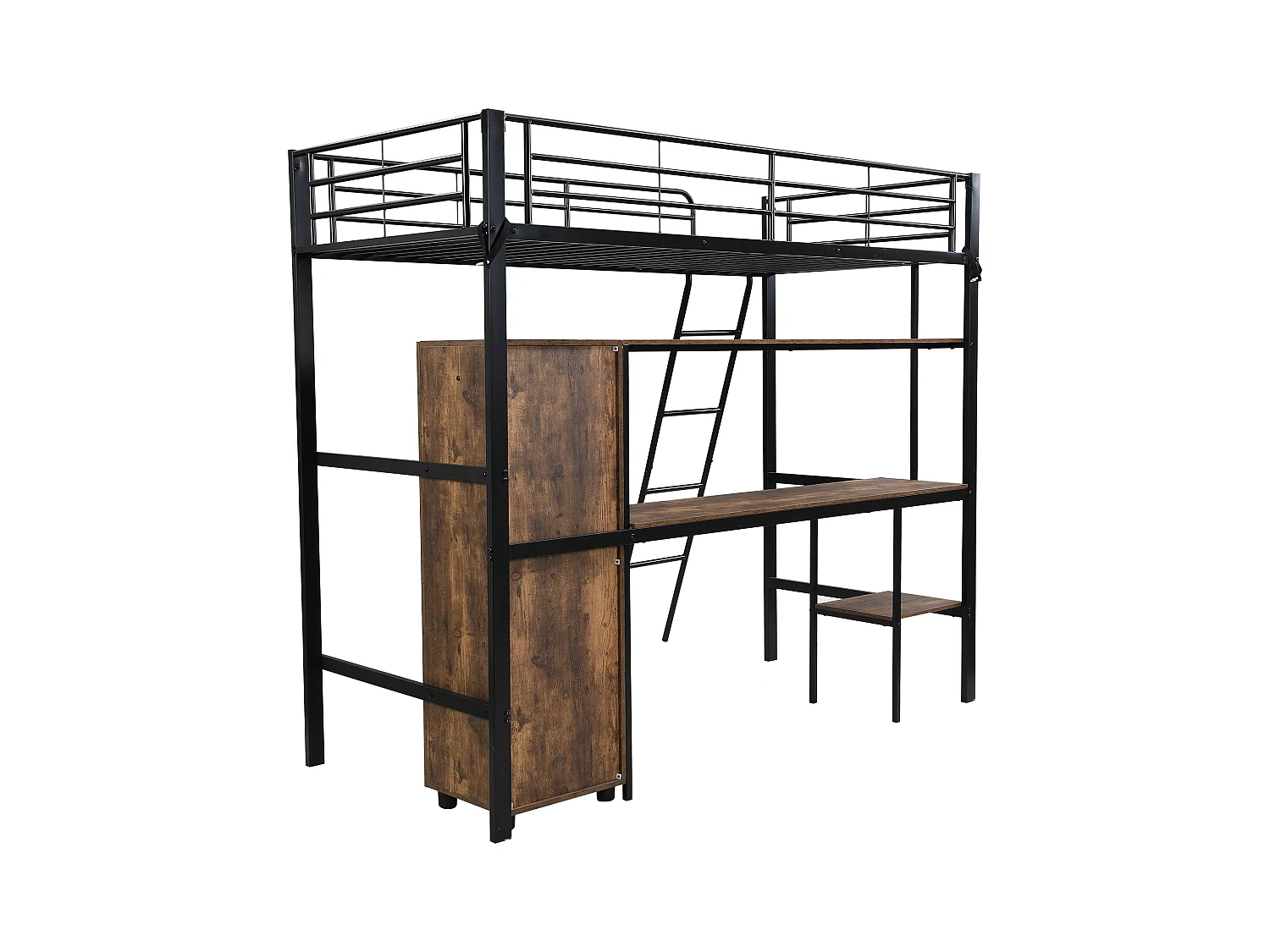 Lit mezzanine 90x200 cm - avec bureau et étagères - avec garde-robe - échelle de sécurité 4 marches - Métal+MDF - Noir + Naturel(sans matelas)