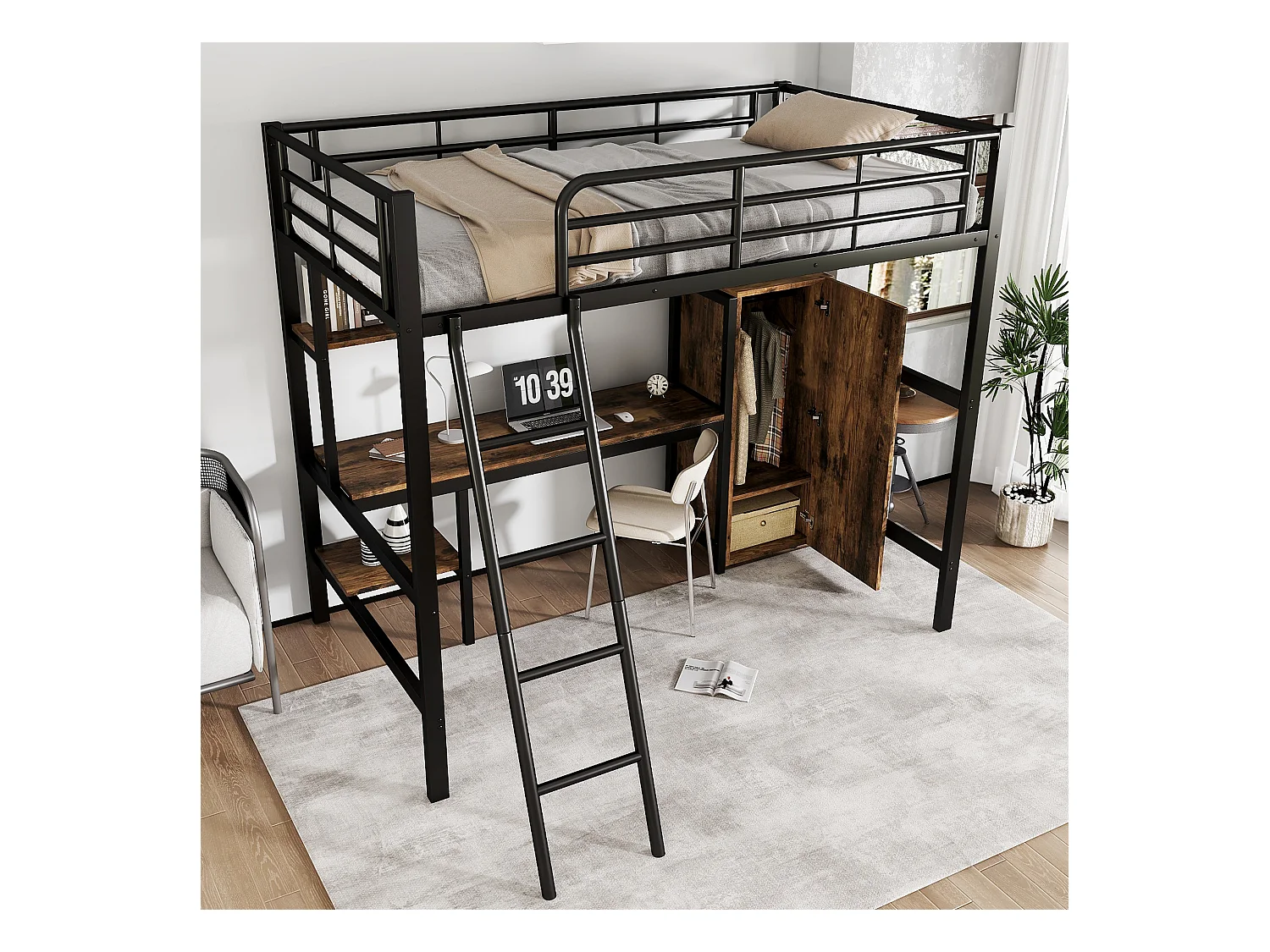 Lit mezzanine 90x200 cm - avec bureau et étagères - avec garde-robe - échelle de sécurité 4 marches - Métal+MDF - Noir + Naturel(sans matelas)