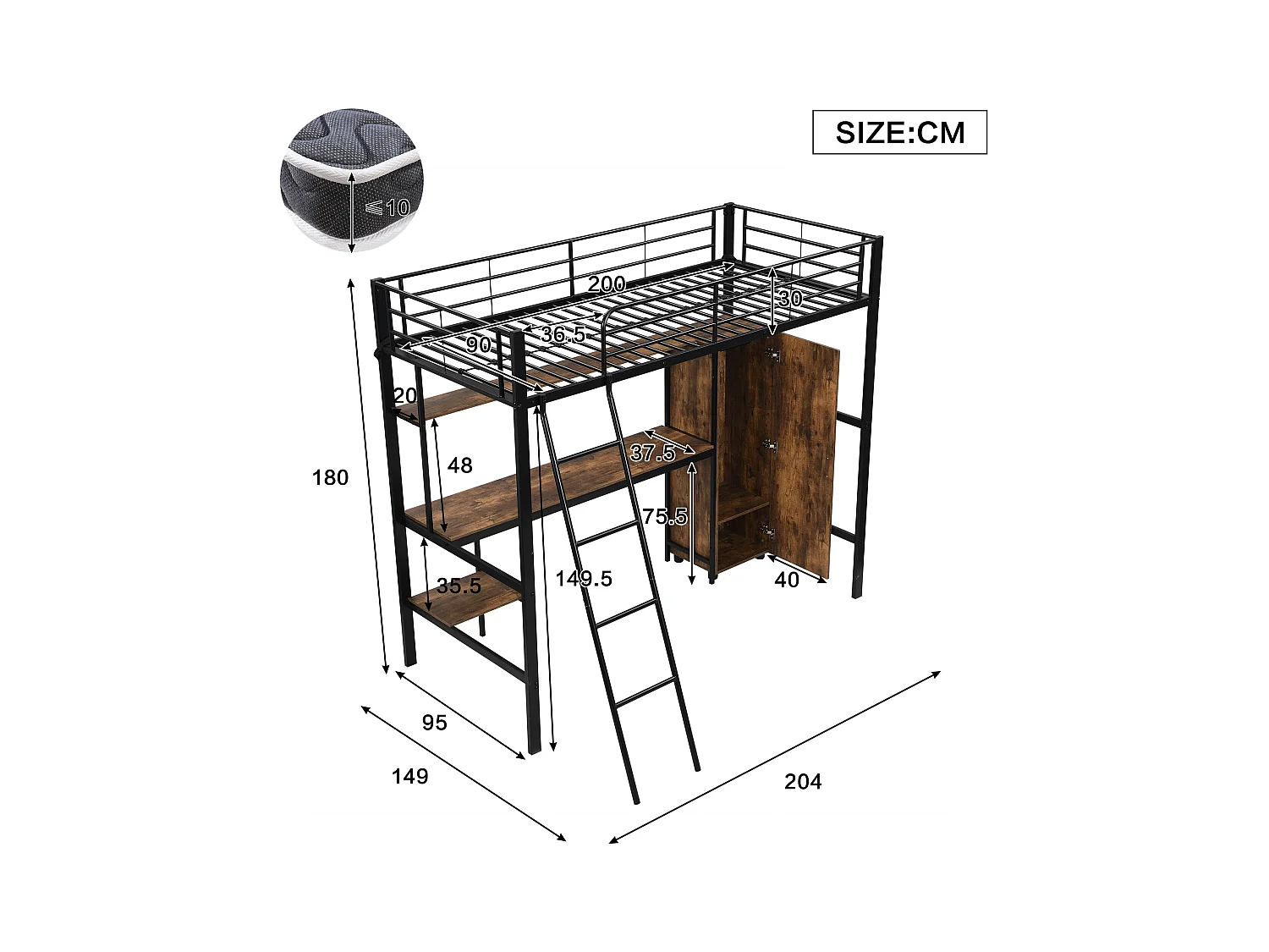 Lit mezzanine 90x200 cm - avec bureau et étagères - avec garde-robe - échelle de sécurité 4 marches - Métal+MDF - Noir + Naturel(sans matelas)