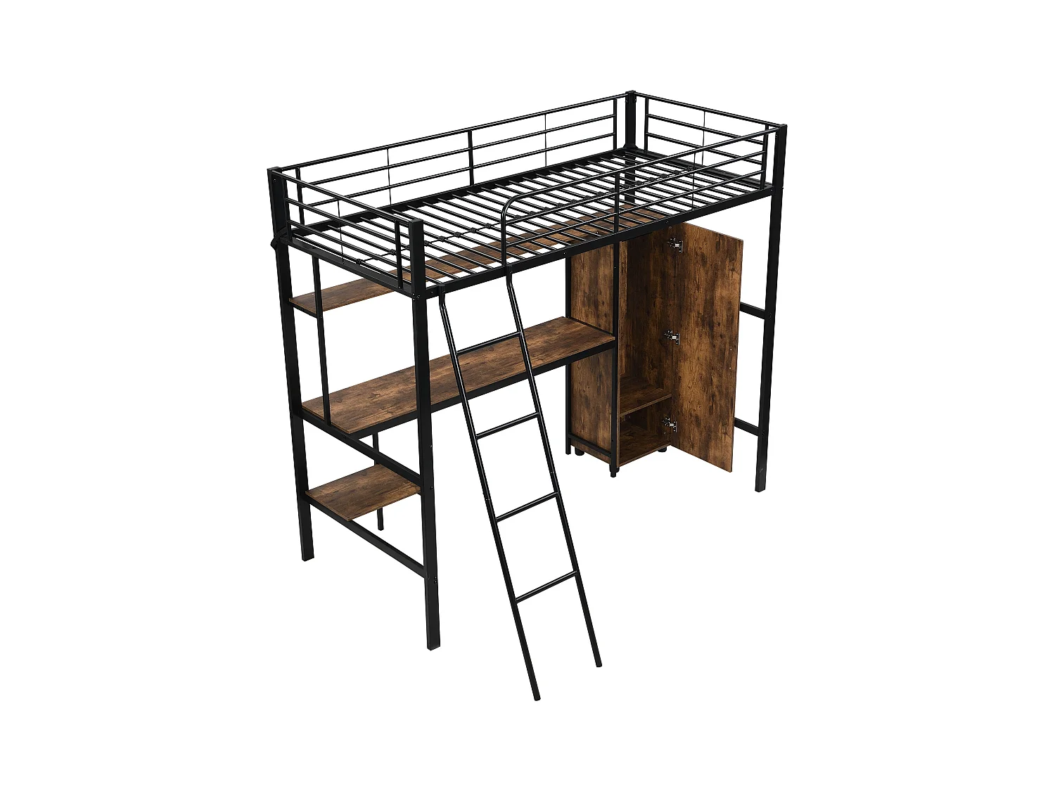 Lit mezzanine 90x200 cm - avec bureau et étagères - avec garde-robe - échelle de sécurité 4 marches - Métal+MDF - Noir + Naturel(sans matelas)