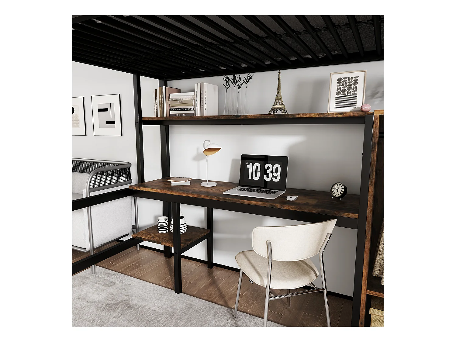 Lit mezzanine 90x200 cm - avec bureau et étagères - avec garde-robe - échelle de sécurité 4 marches - Métal+MDF - Noir + Naturel(sans matelas)