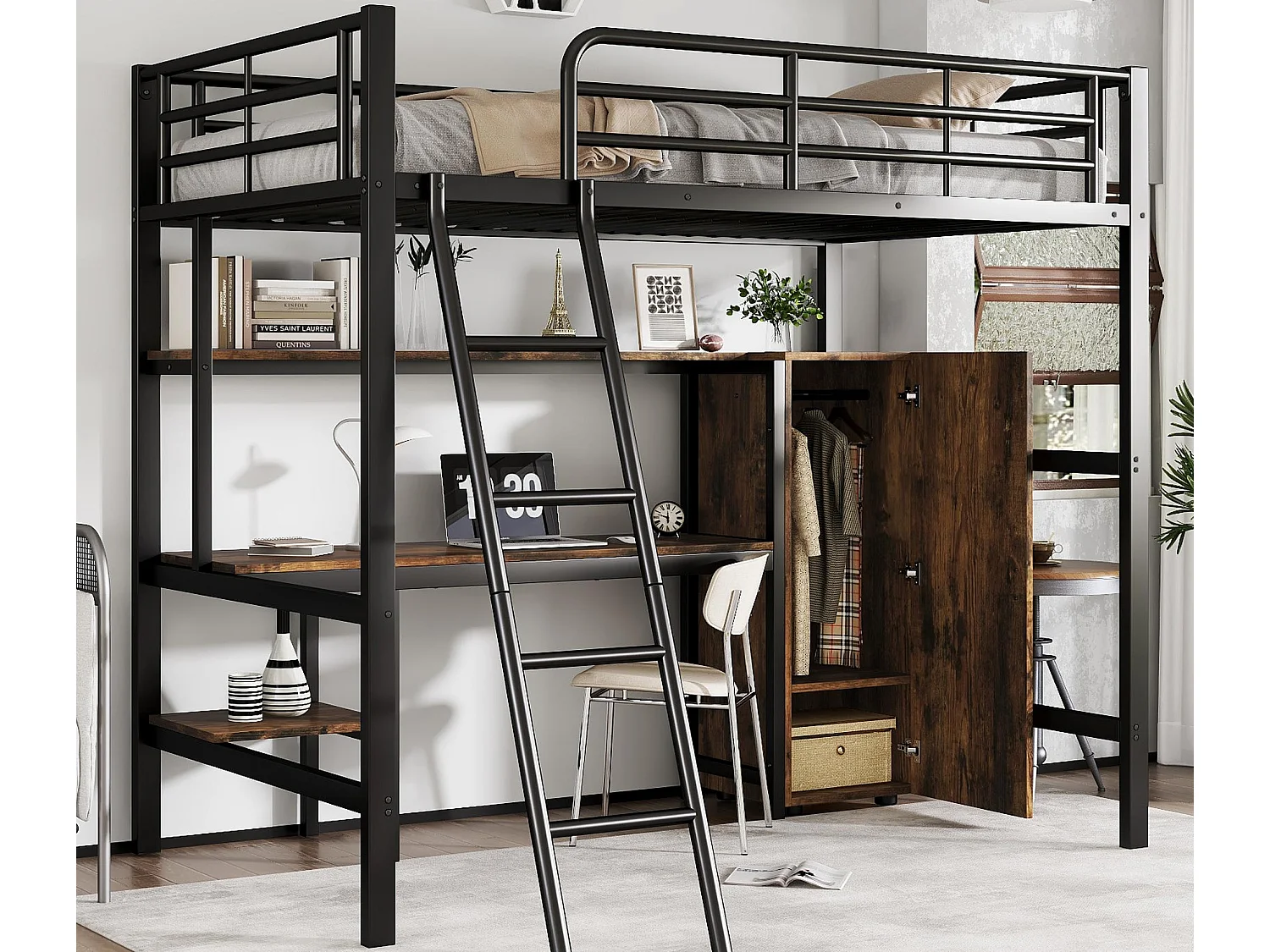 Lit mezzanine 90x200 cm - avec bureau et étagères - avec garde-robe - échelle de sécurité 4 marches - Métal+MDF - Noir + Naturel(sans matelas)