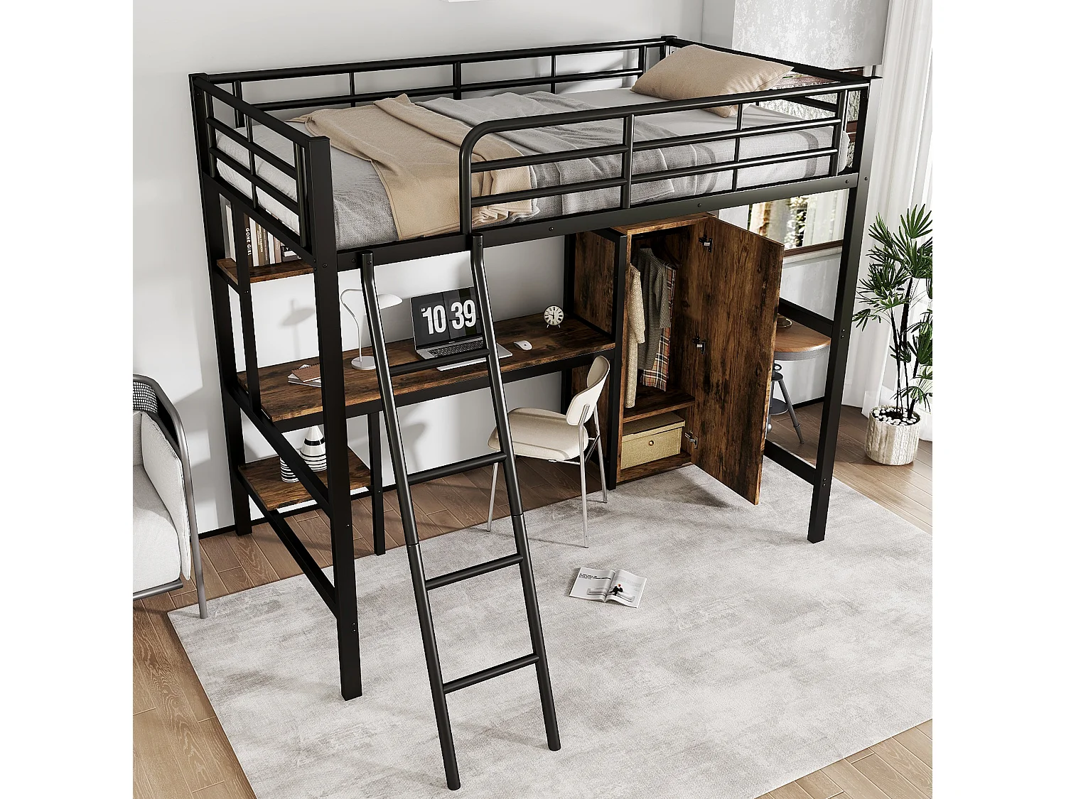 Lit mezzanine 90x200 cm - avec bureau et étagères - avec garde-robe - échelle de sécurité 4 marches - Métal+MDF - Noir + Naturel(sans matelas)