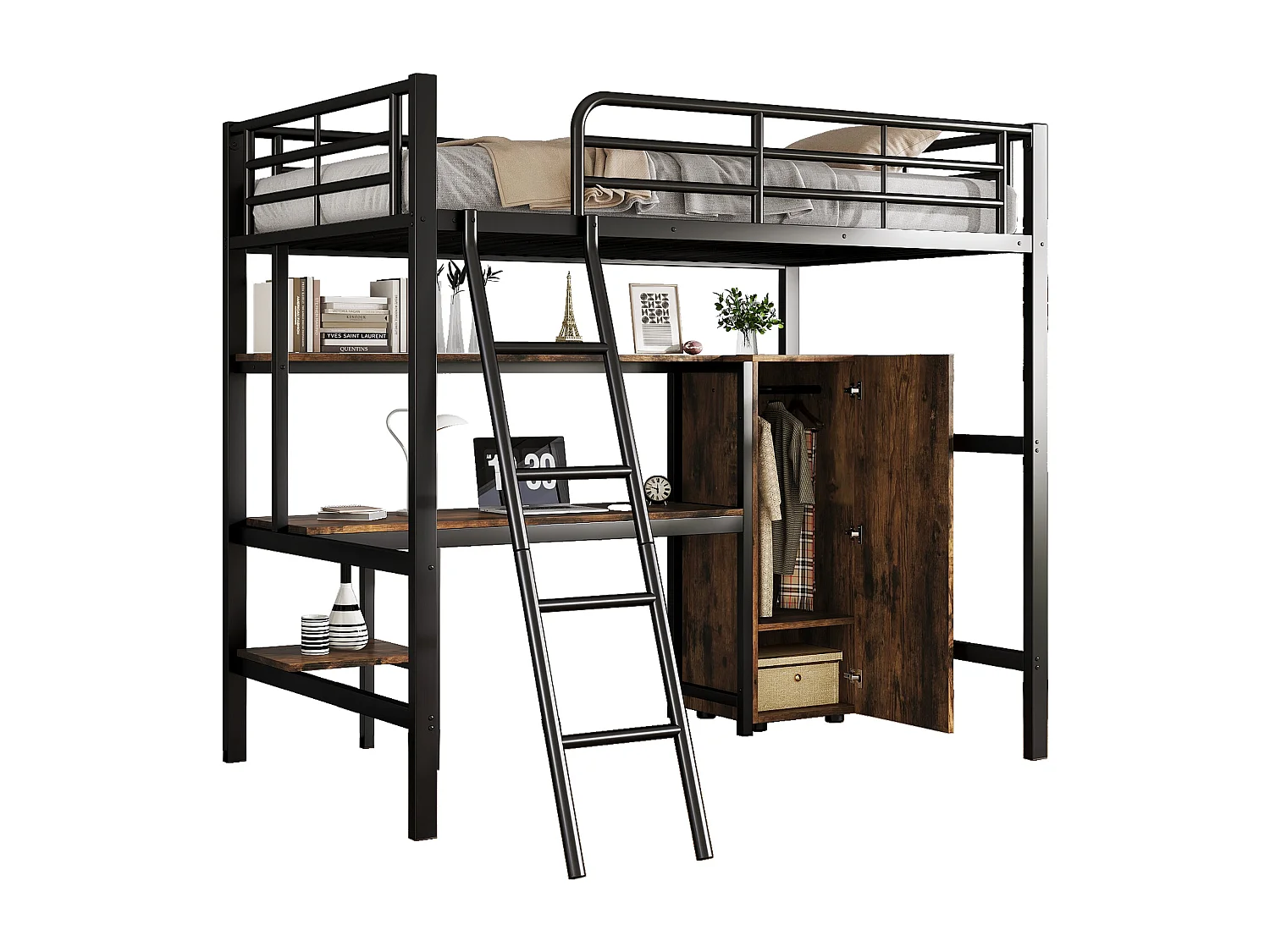 Lit mezzanine 90x200 cm - avec bureau et étagères - avec garde-robe - échelle de sécurité 4 marches - Métal+MDF - Noir + Naturel(sans matelas)