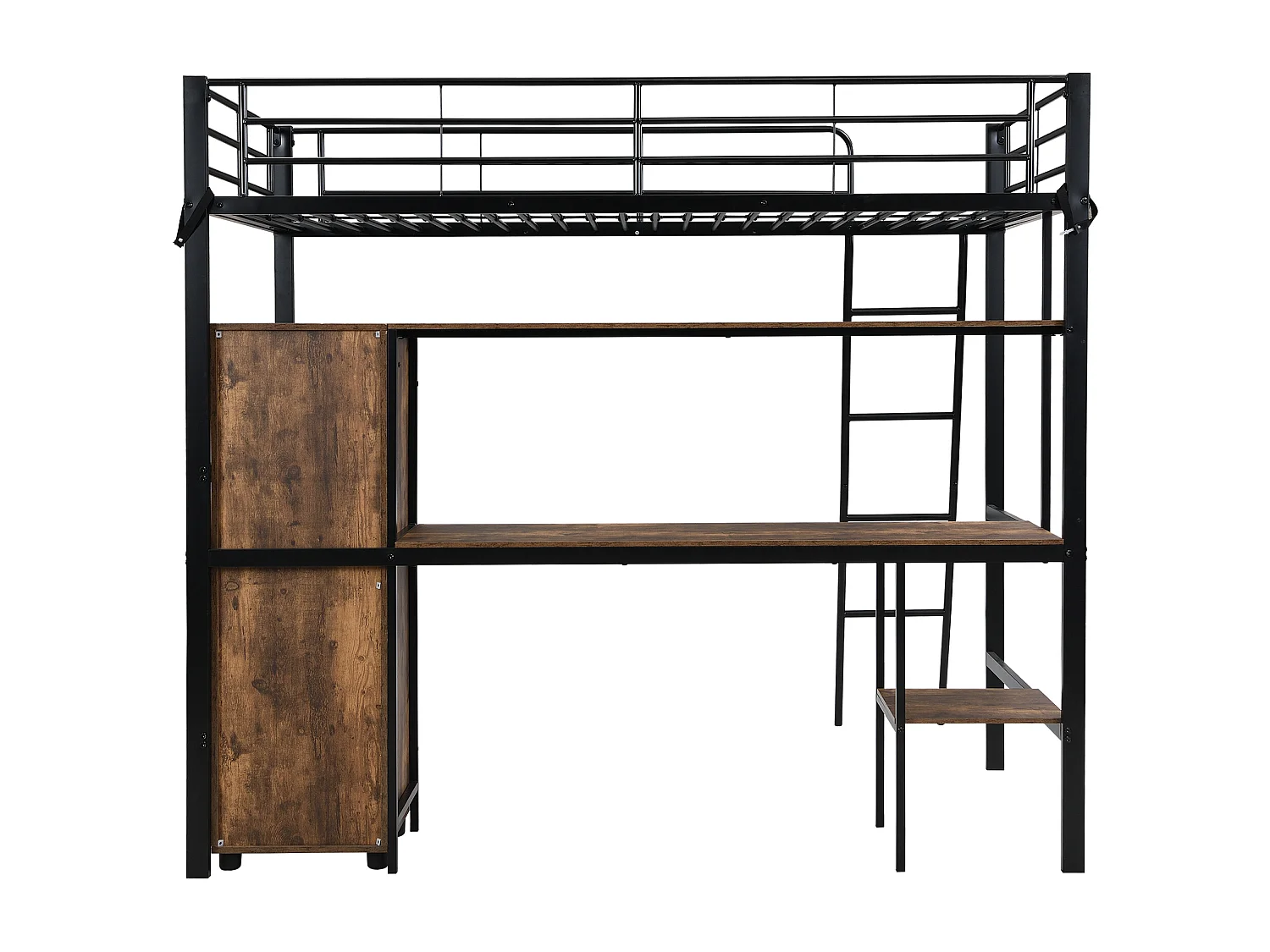 Lit mezzanine 90x200 cm - avec bureau et étagères - avec garde-robe - échelle de sécurité 4 marches - Métal+MDF - Noir + Naturel(sans matelas)