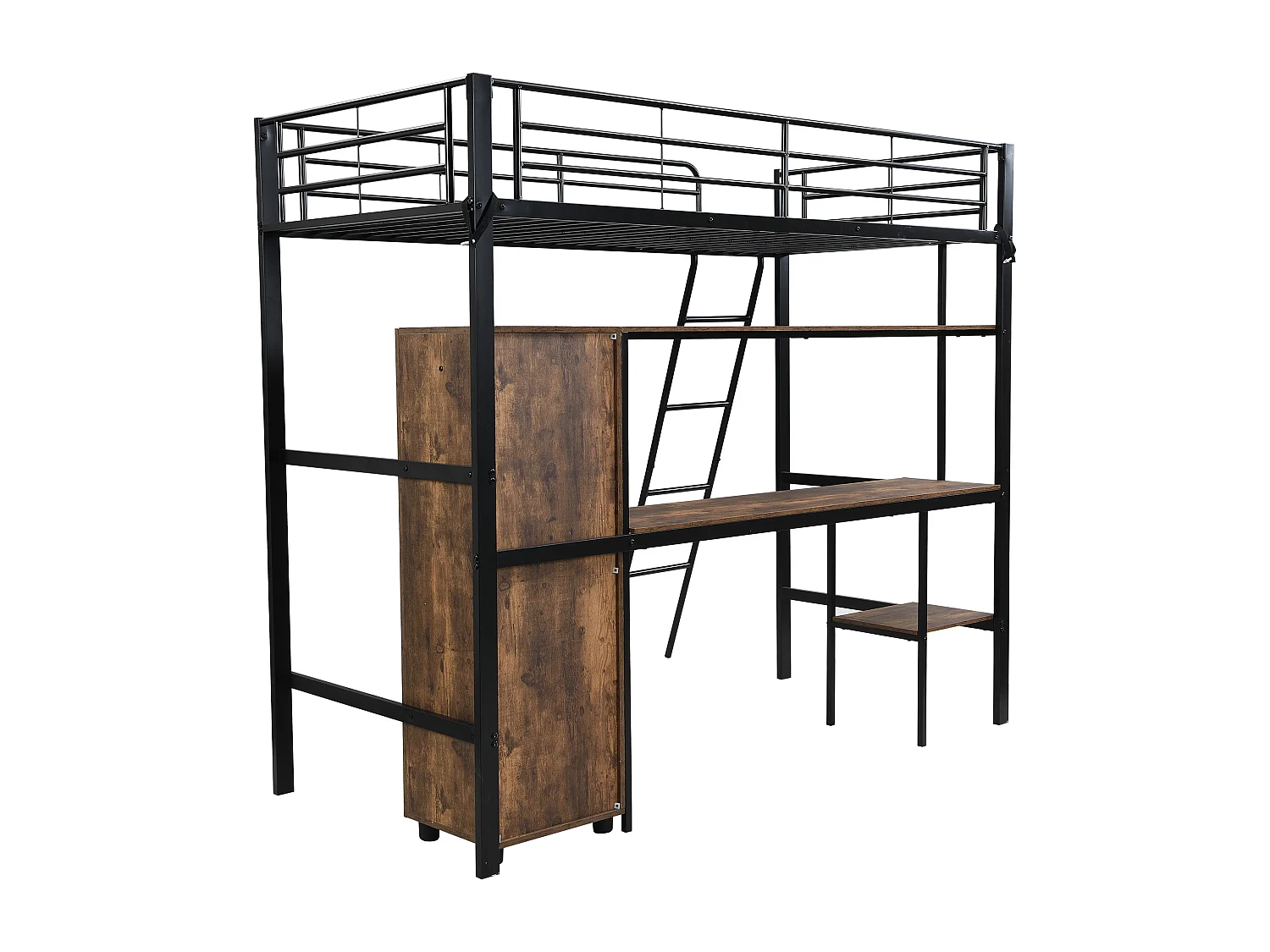 Lit mezzanine 90x200 cm - avec bureau et étagères - avec garde-robe - échelle de sécurité 4 marches - Métal+MDF - Noir + Naturel(sans matelas)