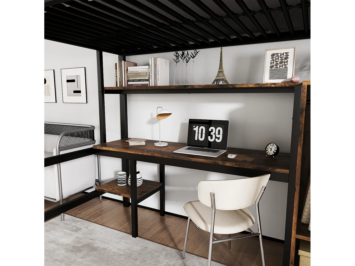 Lit mezzanine 90x200 cm - avec bureau et étagères - avec garde-robe - échelle de sécurité 4 marches - Métal+MDF - Noir + Naturel(sans matelas)