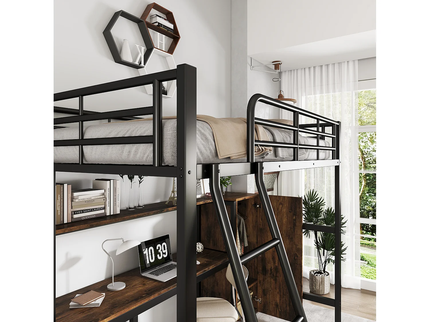 Lit mezzanine 90x200 cm - avec bureau et étagères - avec garde-robe - échelle de sécurité 4 marches - Métal+MDF - Noir + Naturel(sans matelas)