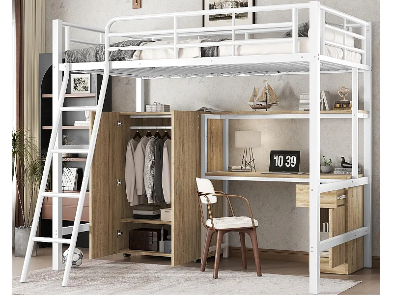 Hochbett 90x200 cm - mit Schreibtisch und Regalen - mit Kleiderschrank - Sicherheitsleiter mit 4 Stufen - Metall+MDF - Weiß + Natur (ohne Matratze)