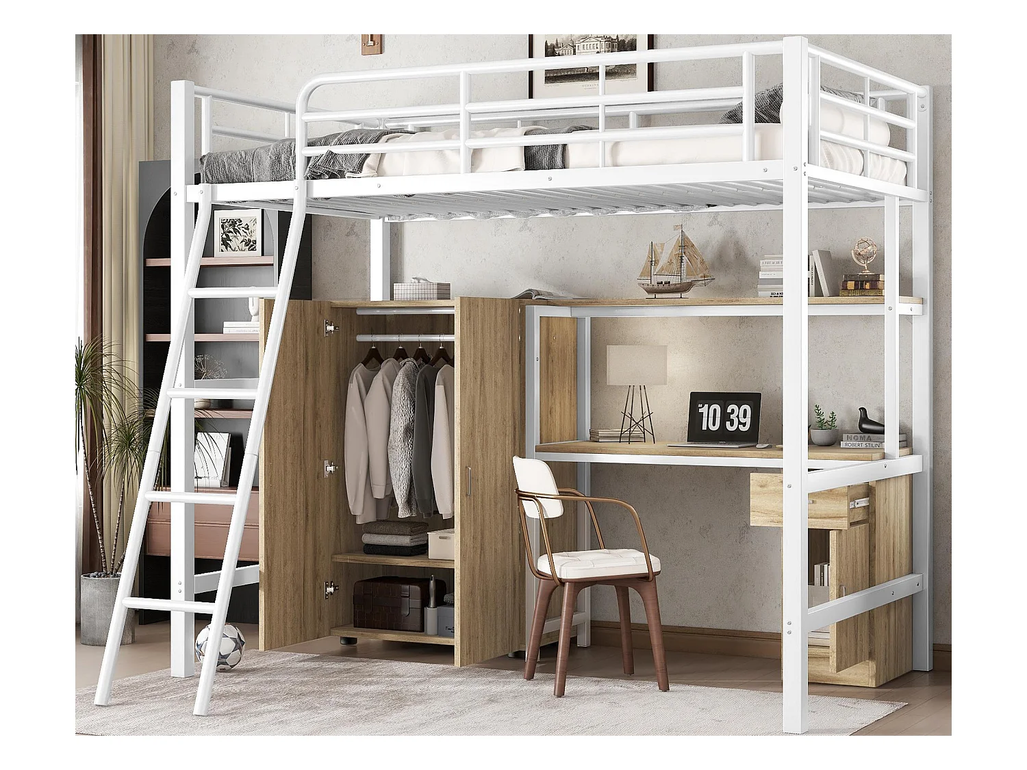 Łóżko antresolowe 90x200 cm - z biurkiem i półkami - z szafą - bezpieczna drabinka 4-stopniowa - Metal+MDF - Biały + Naturalny (bez materaca)