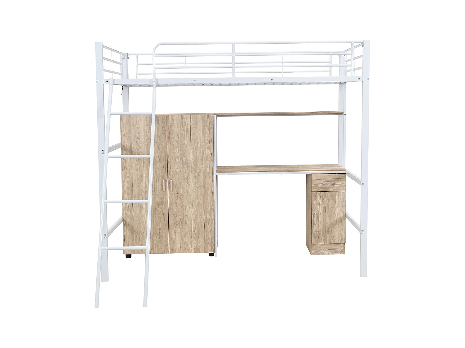 Łóżko antresolowe 90x200 cm - z biurkiem i półkami - z szafą - bezpieczna drabinka 4-stopniowa - Metal+MDF - Biały + Naturalny (bez materaca)