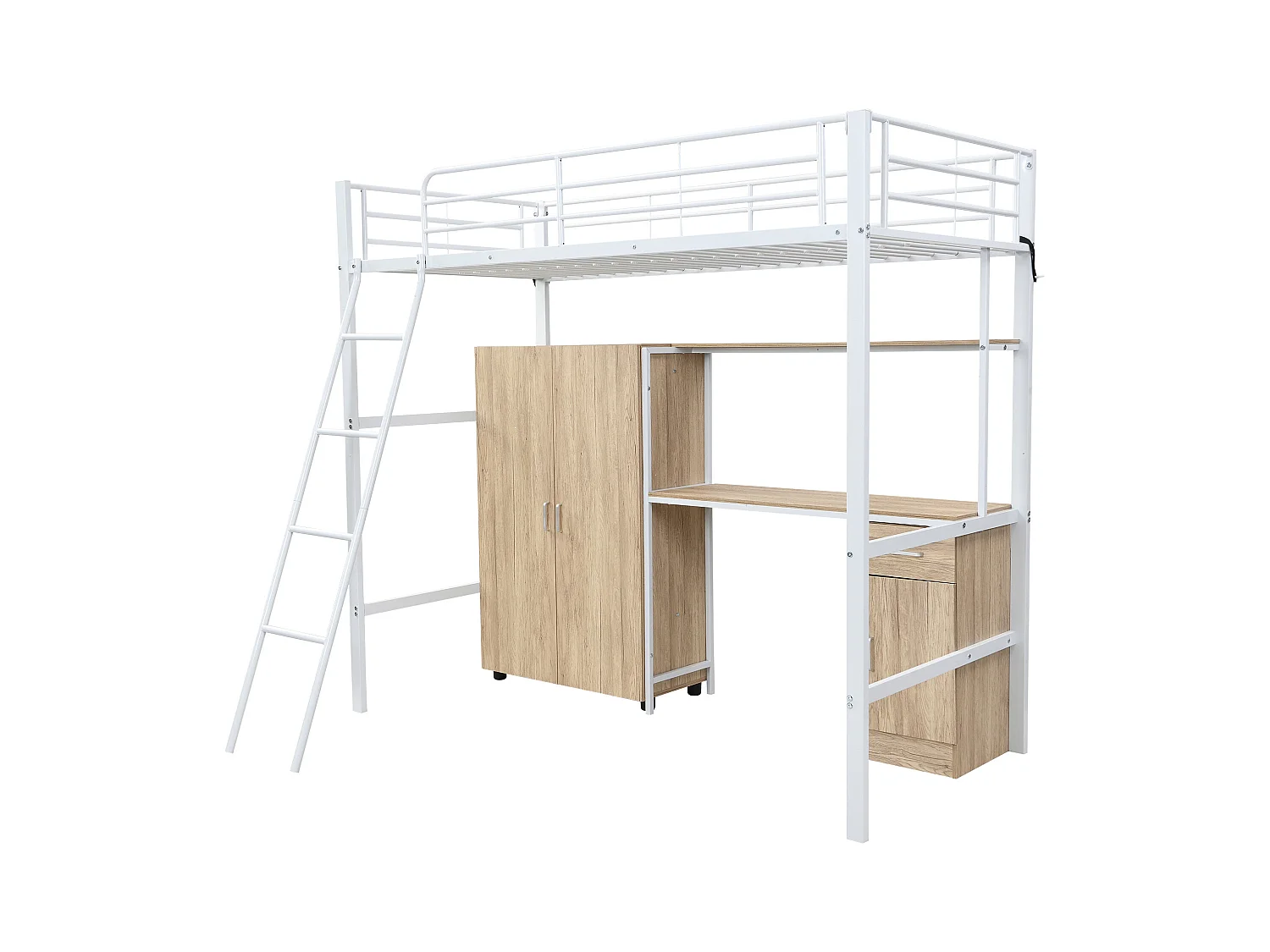 Łóżko antresolowe 90x200 cm - z biurkiem i półkami - z szafą - bezpieczna drabinka 4-stopniowa - Metal+MDF - Biały + Naturalny (bez materaca)