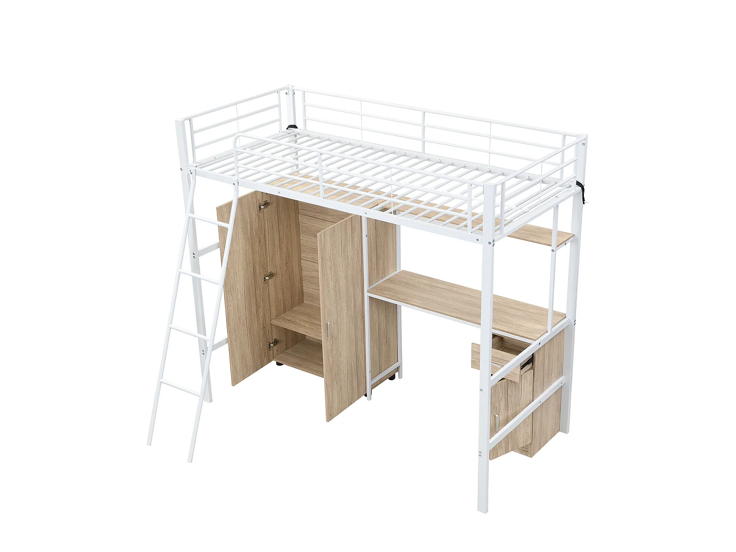 Łóżko antresolowe 90x200 cm - z biurkiem i półkami - z szafą - bezpieczna drabinka 4-stopniowa - Metal+MDF - Biały + Naturalny (bez materaca)