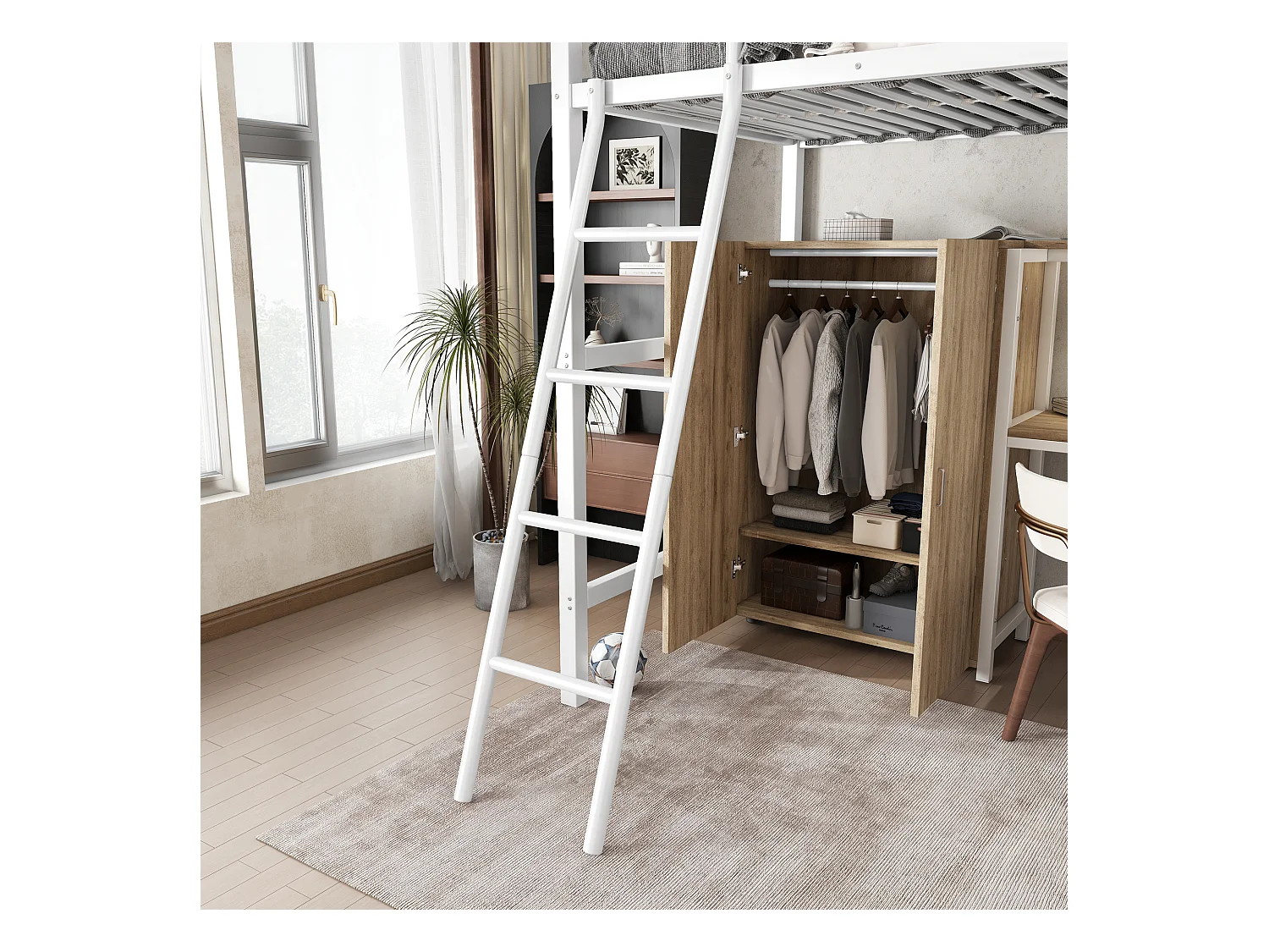 Łóżko antresolowe 90x200 cm - z biurkiem i półkami - z szafą - bezpieczna drabinka 4-stopniowa - Metal+MDF - Biały + Naturalny (bez materaca)