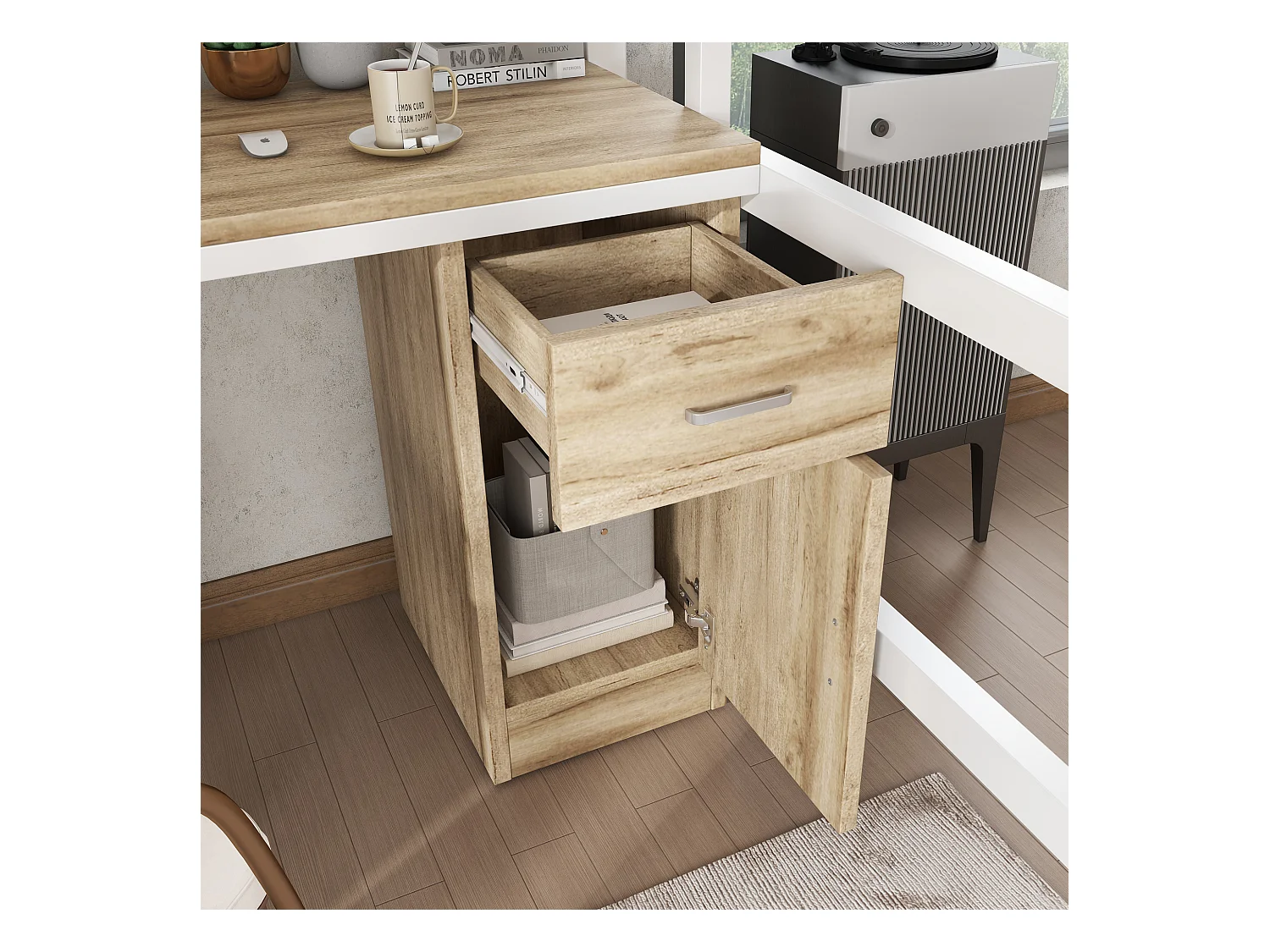 Łóżko antresolowe 90x200 cm - z biurkiem i półkami - z szafą - bezpieczna drabinka 4-stopniowa - Metal+MDF - Biały + Naturalny (bez materaca)